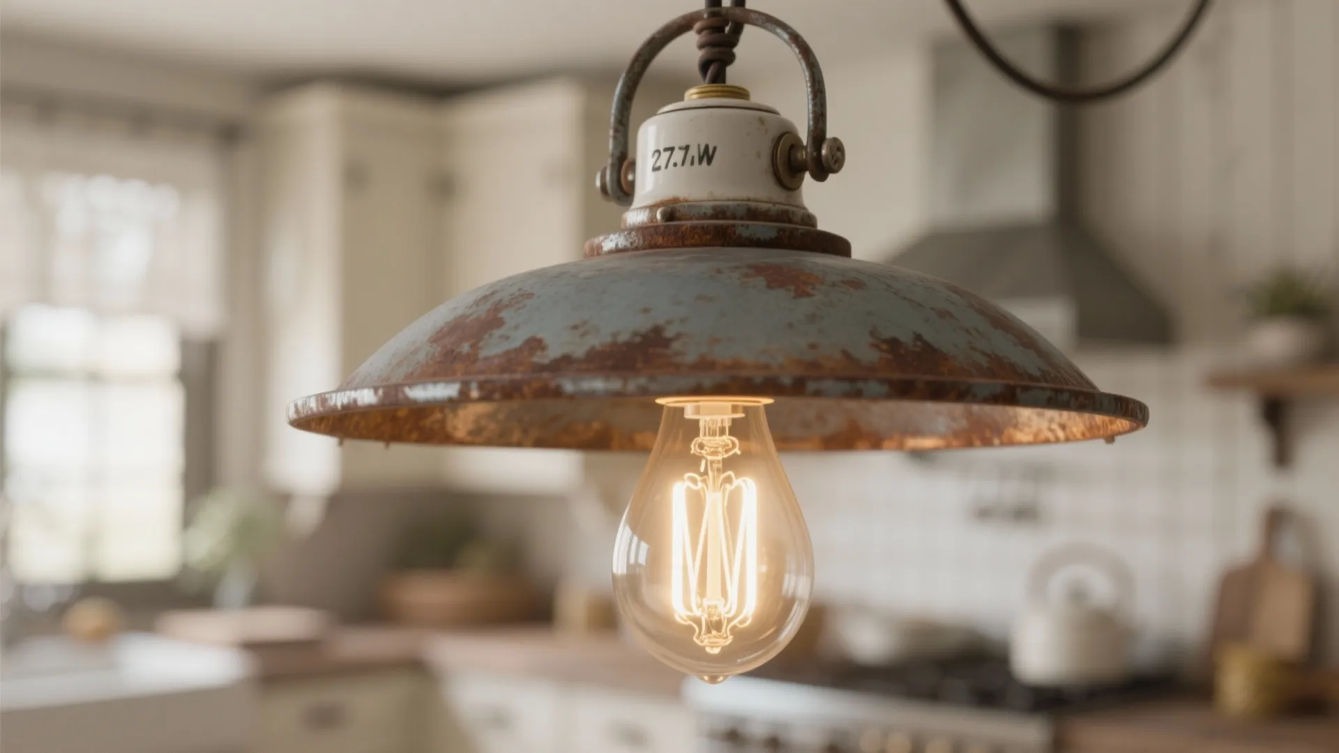 Close up of a rusty metal ceiling light with an exposed vintage bulb in kitchen