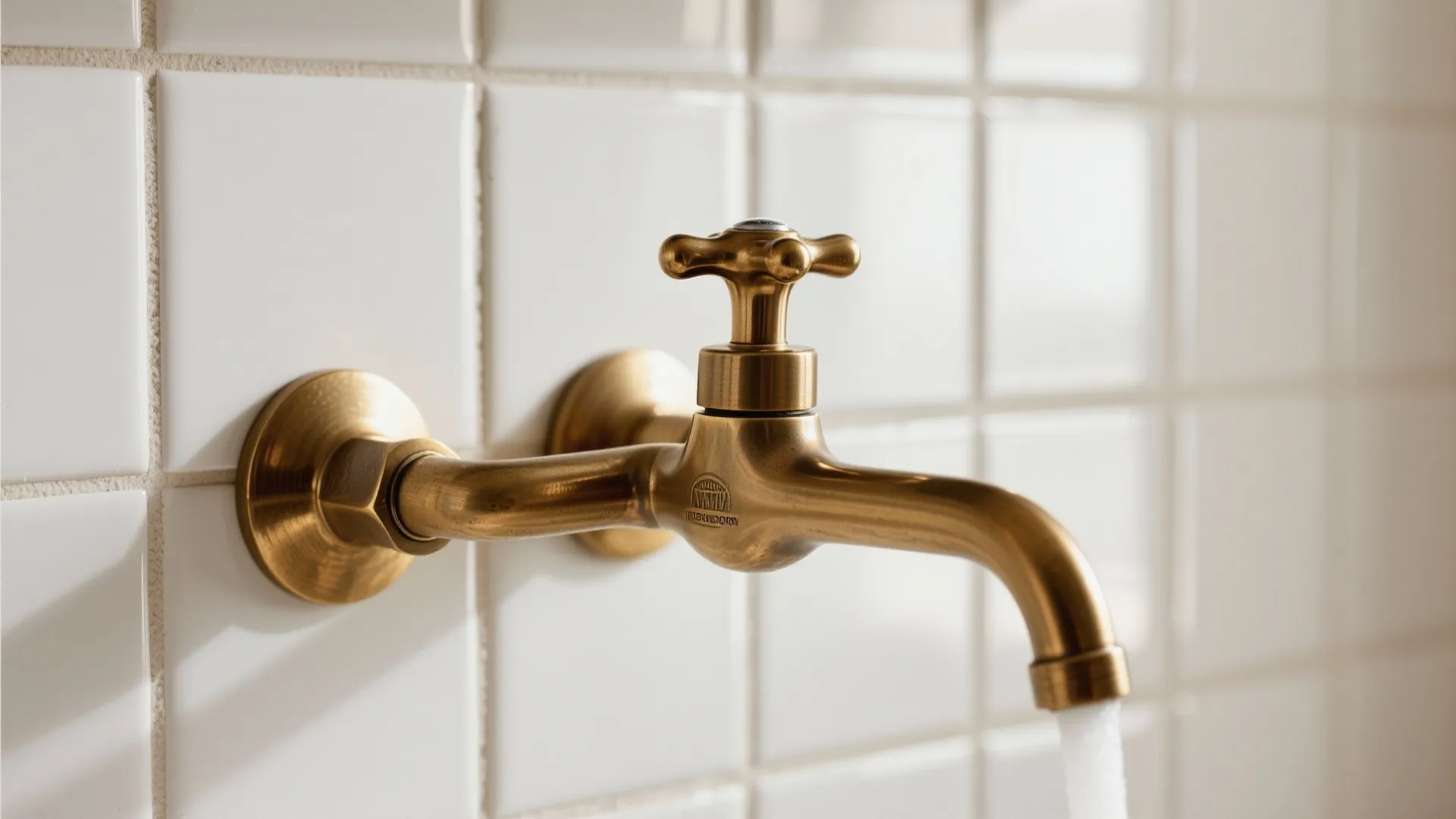 Vintage brass water tap on white square tiled wall with water running into a sink below