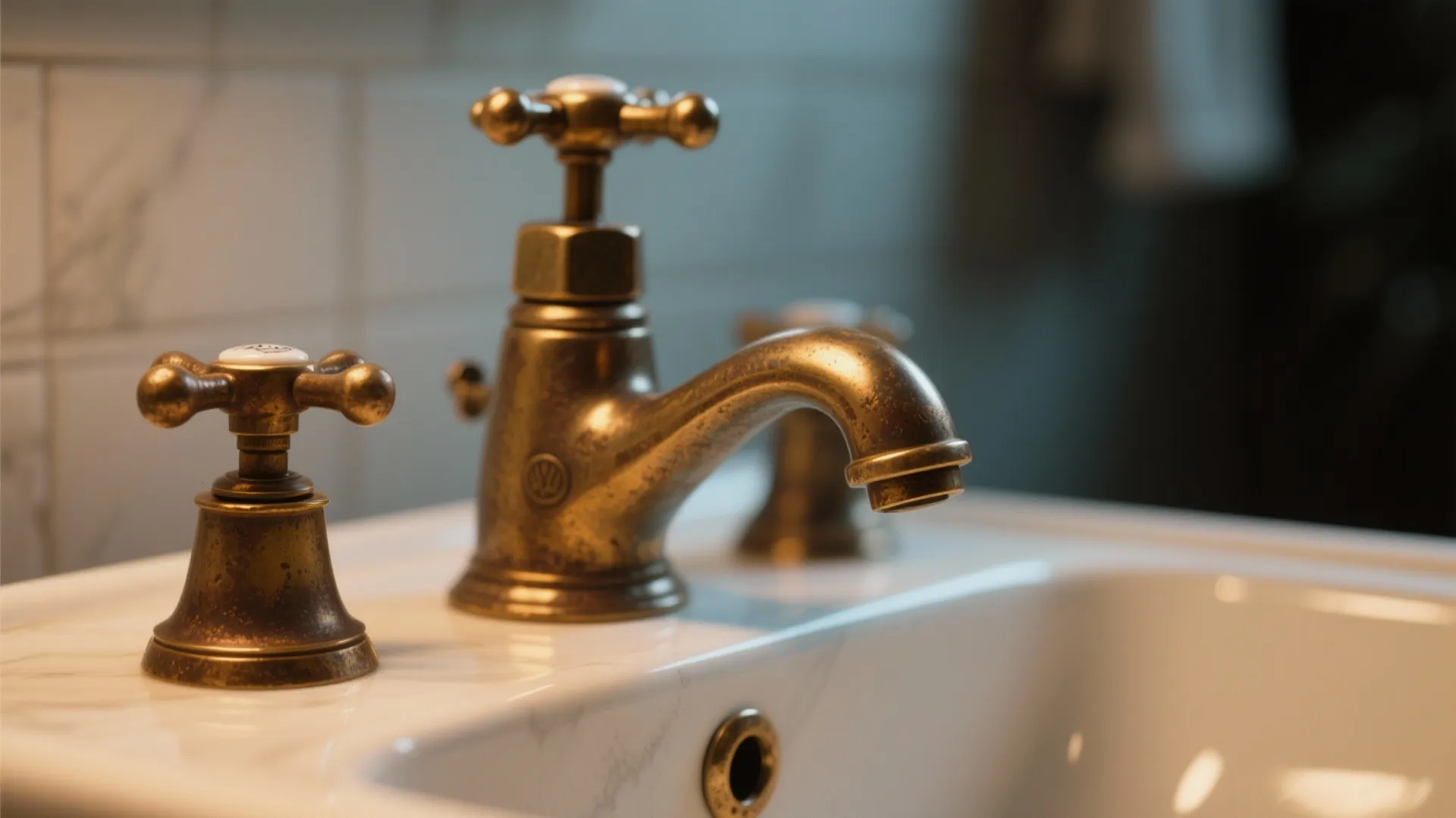 Vintage brass water tap and two cross handles installed on a white marble bathroom sink