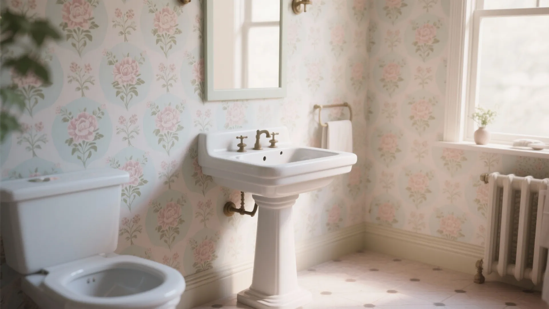 Bathroom with pastel vintage floral stencil wall