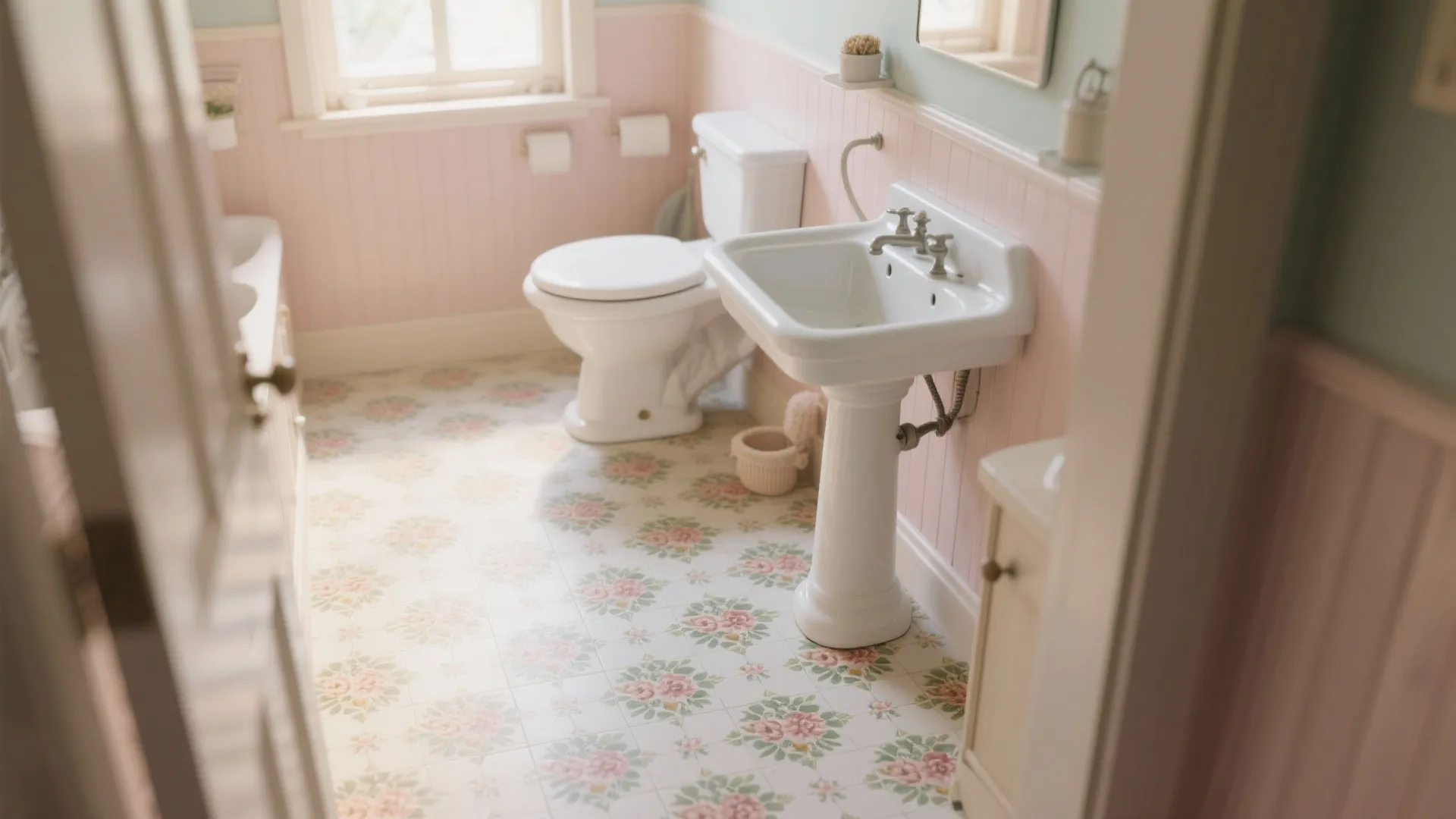 Vintage style bathroom with pink wall panel and floral pattern floor tiles plus white pedestal sink
