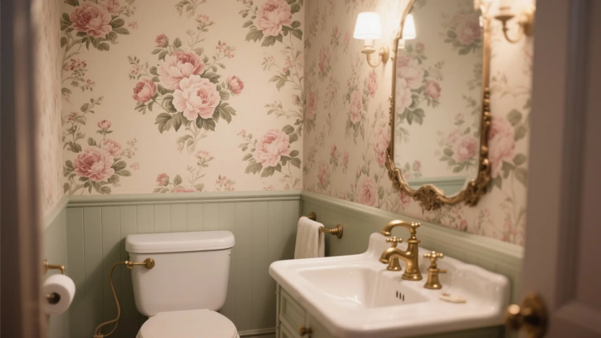 Small vintage bathroom with muted rose and peony wall decals