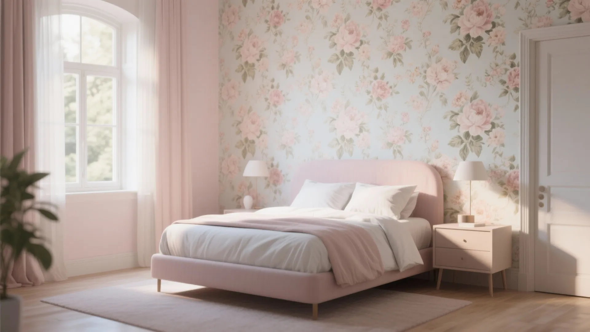 Pink bedroom with floral wallpaper soft fabric bed white pillows wooden nightstand and natural light