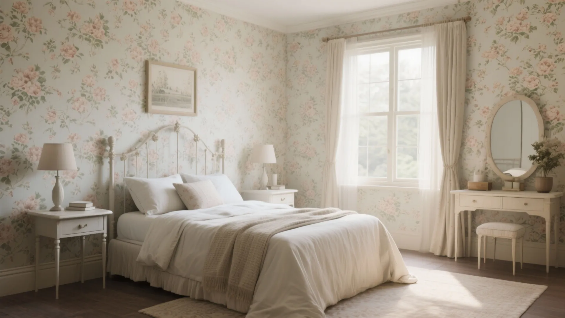 Vintage bedroom with pink floral wallpaper a white metal bed frame and a classic dressing table
