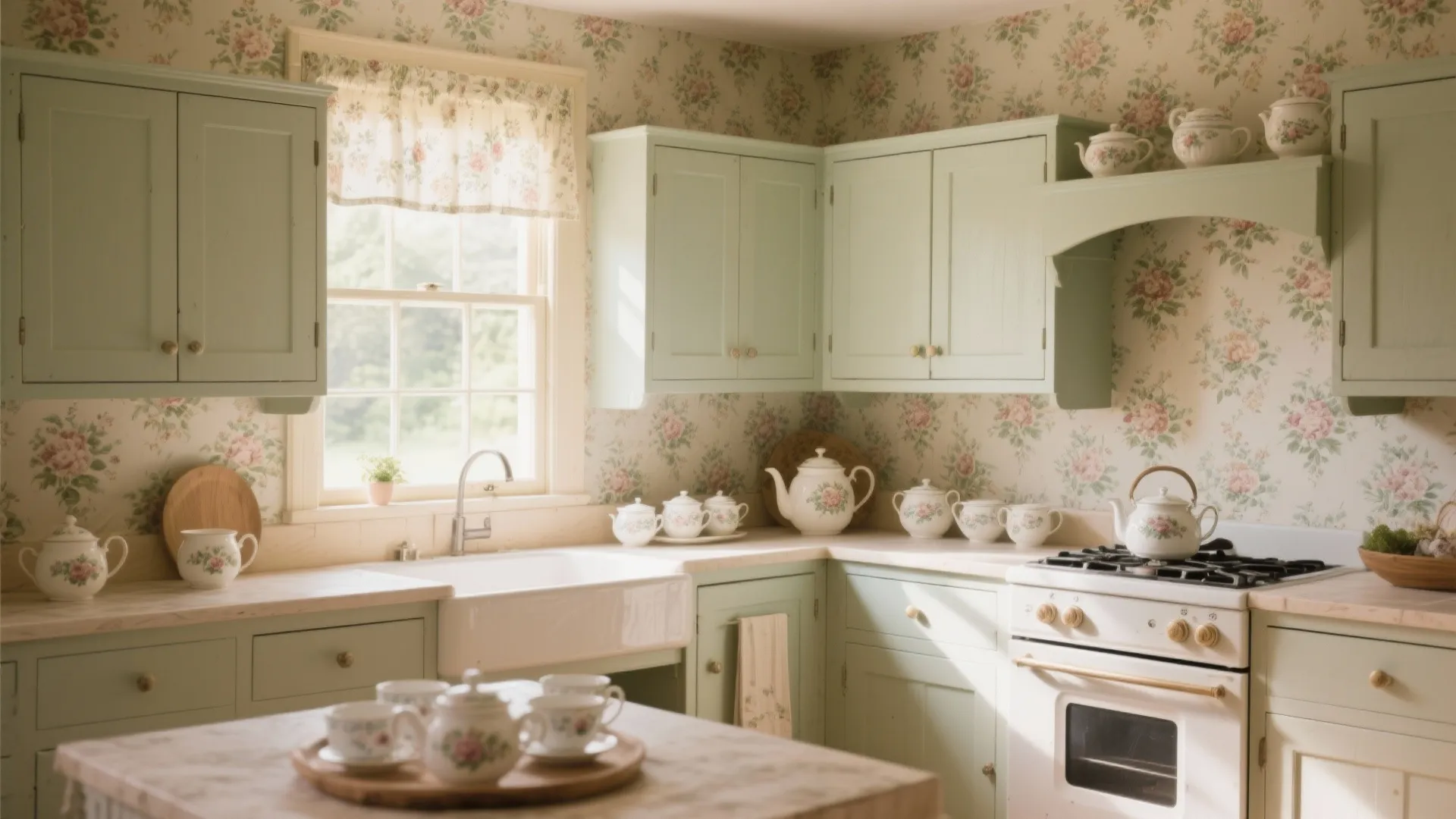 Classic kitchen with pink flower wallpaper light green cabinets white stove and floral tea set
