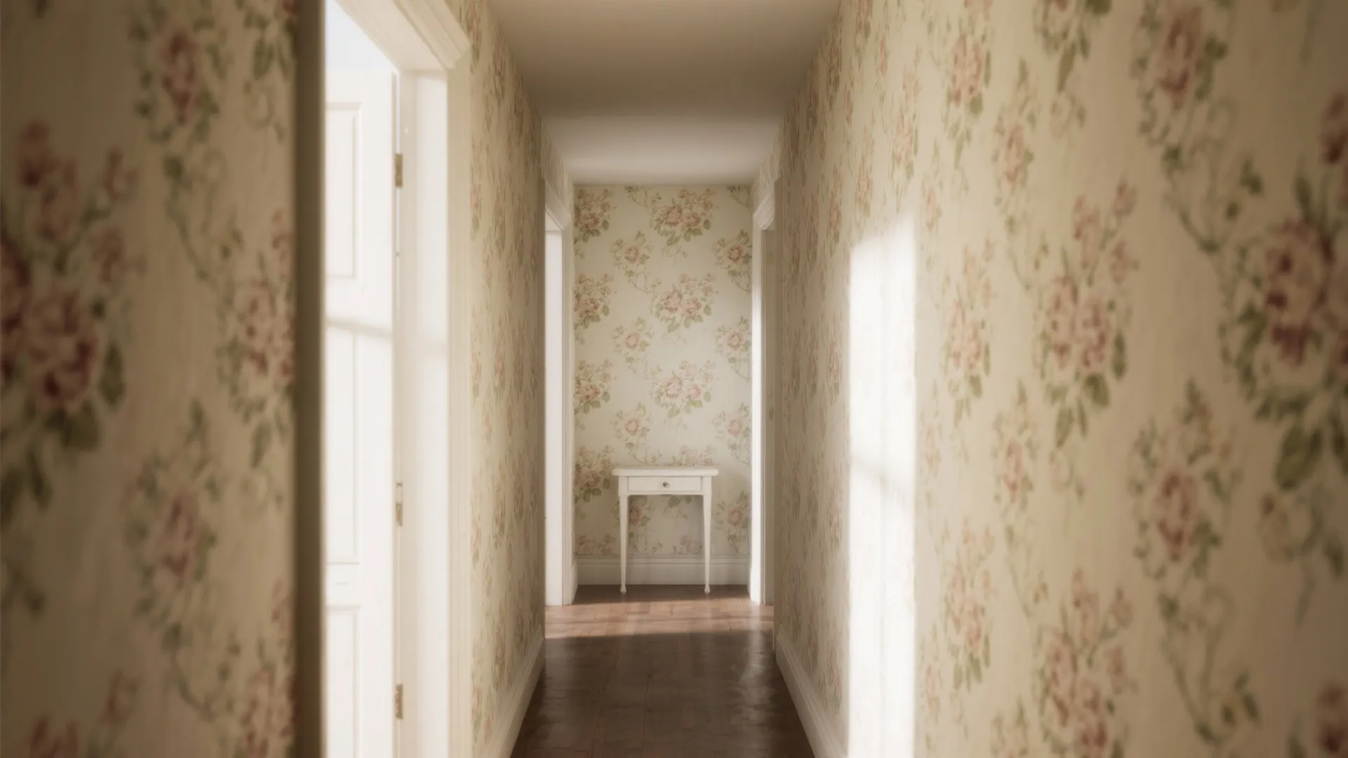 Narrow hallway with soft neutral vintage floral roller pattern