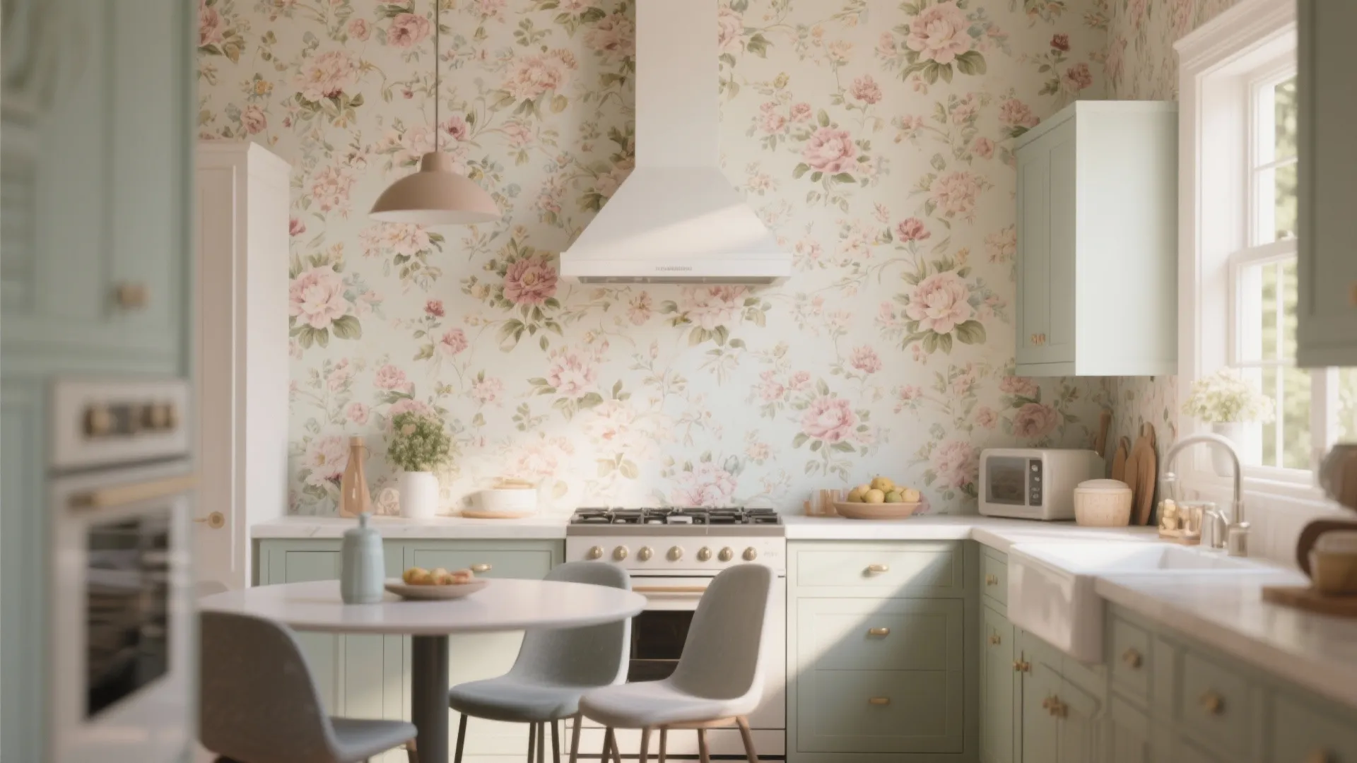 Vintage kitchen with floral wallpaper light green cabinets white stove small dining table and ceiling light