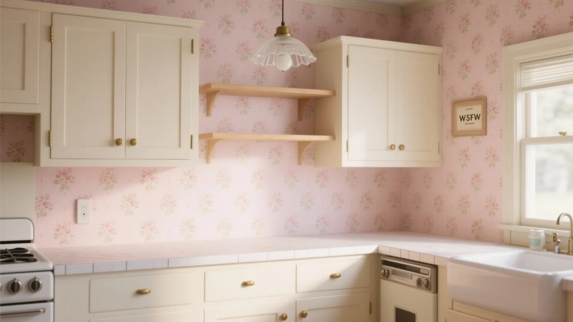 Vintage kitchen with pink floral wallpaper cream cabinets wooden shelves sink and glass ceiling light