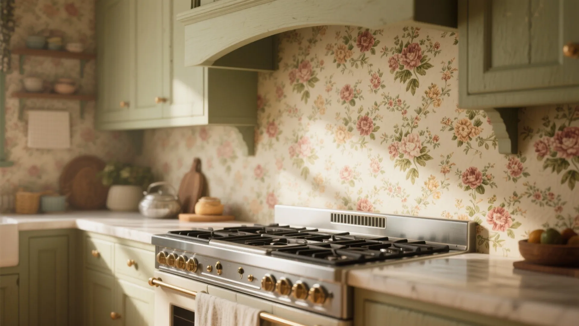 2. Vintage floral as a statement wall behind the stove