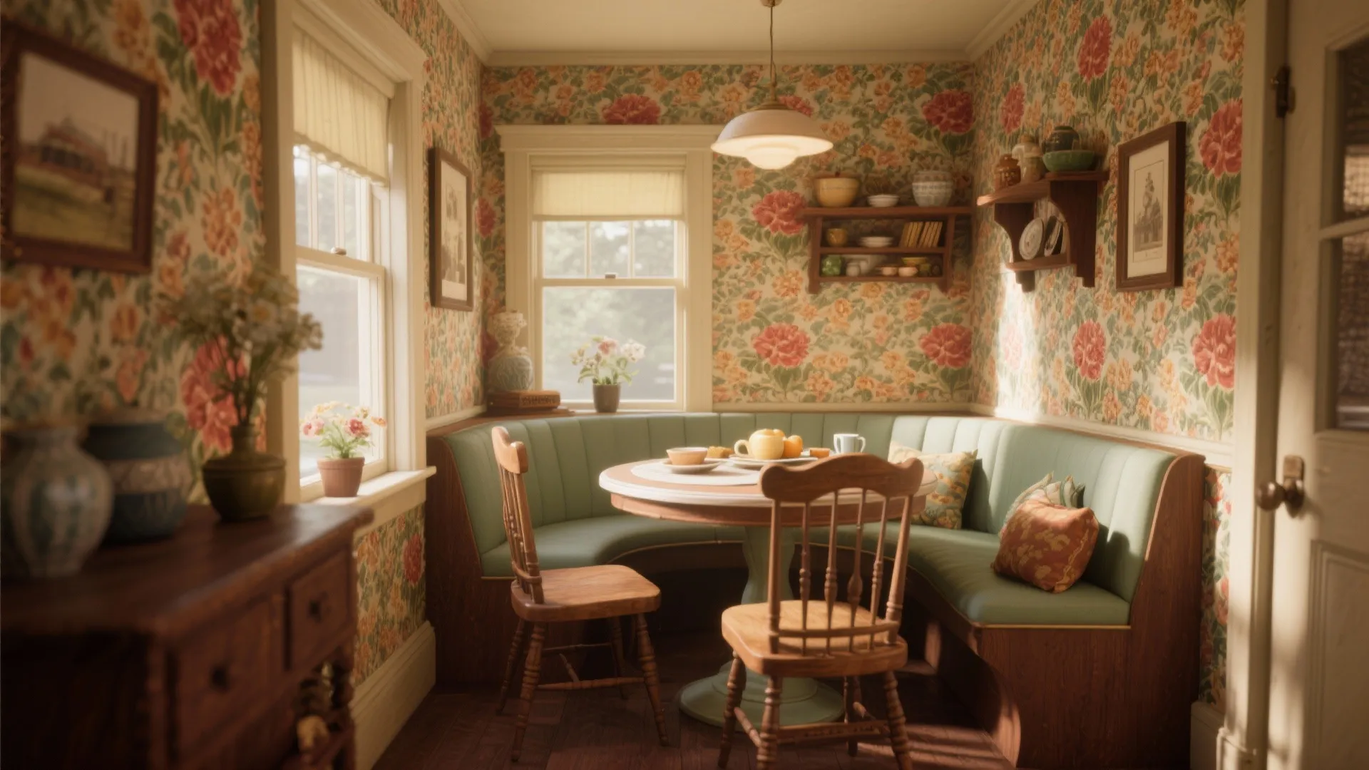 Breakfast nook with vintage floral wallpaper and antique furnishings