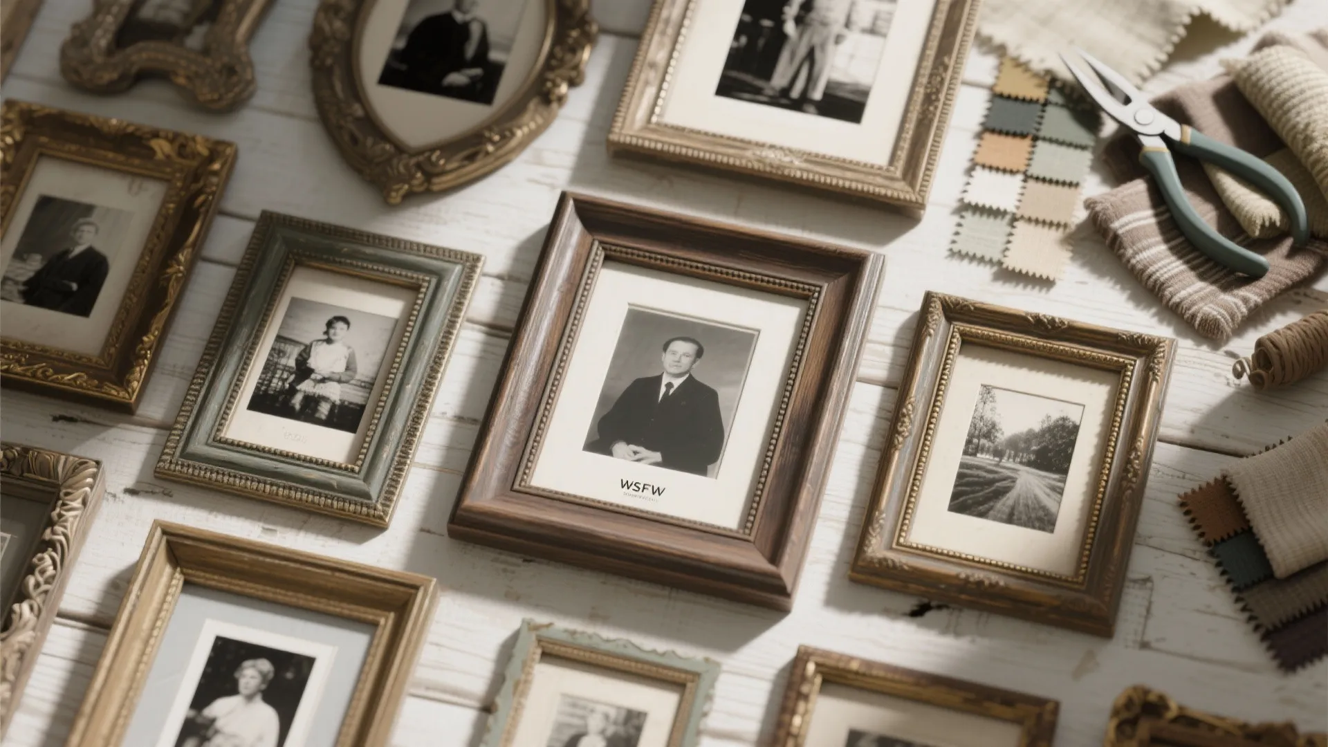 Flat lay of vintage photo frames with black-and-white prints