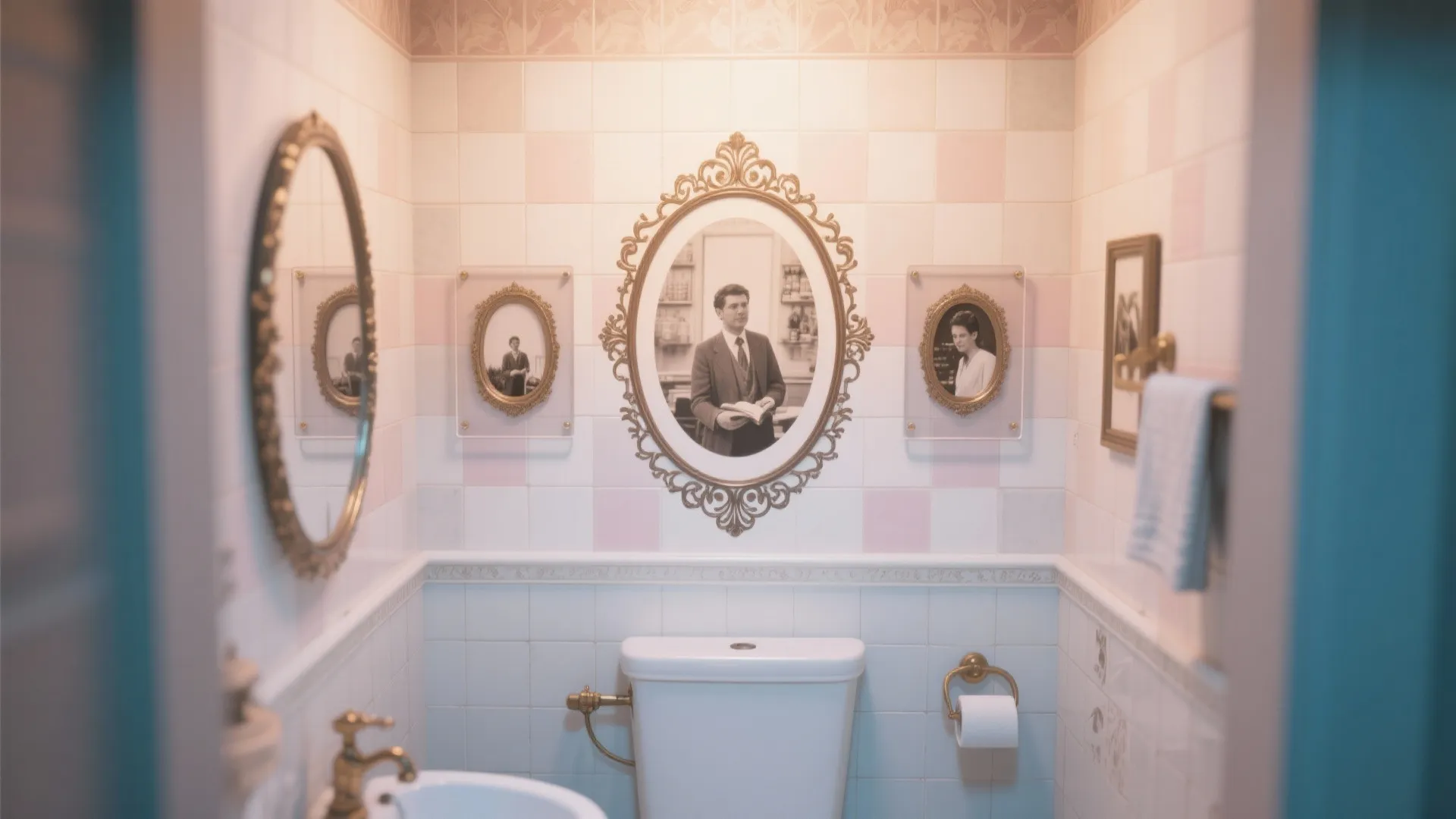 Bathroom wall with ornate vintage frame-shaped decals and photo inserts