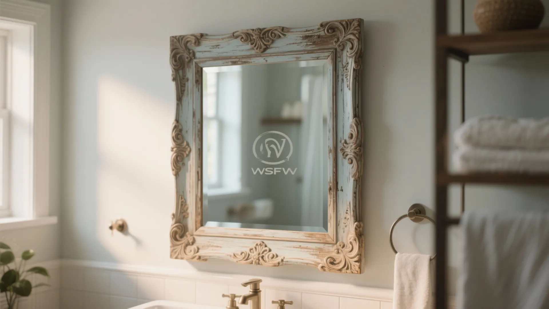 Vintage style bathroom mirror with light blue carved frame hanging on wall above white sink