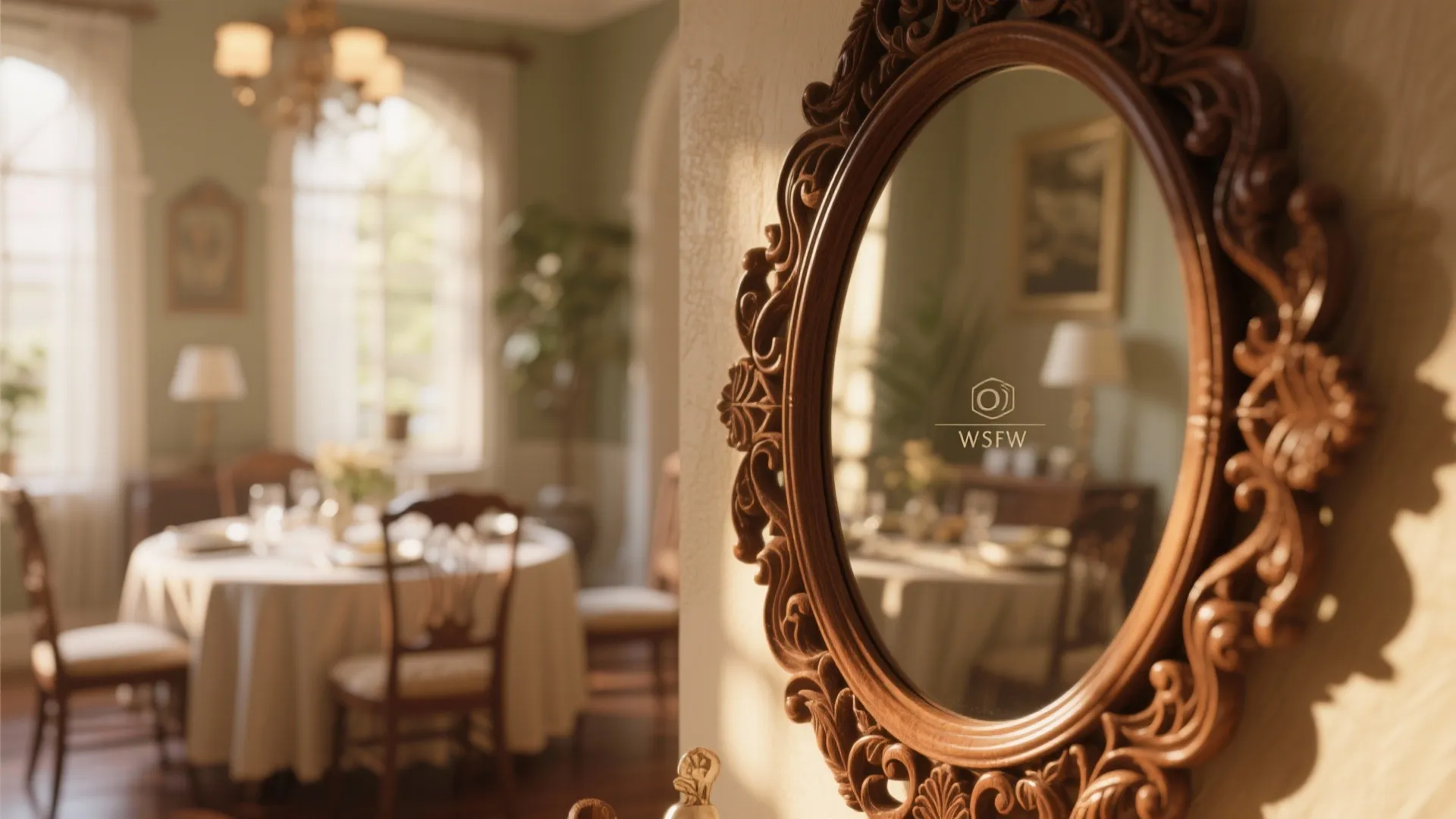 Classic wooden carved mirror hanging in a warm dining room with table chairs and windows