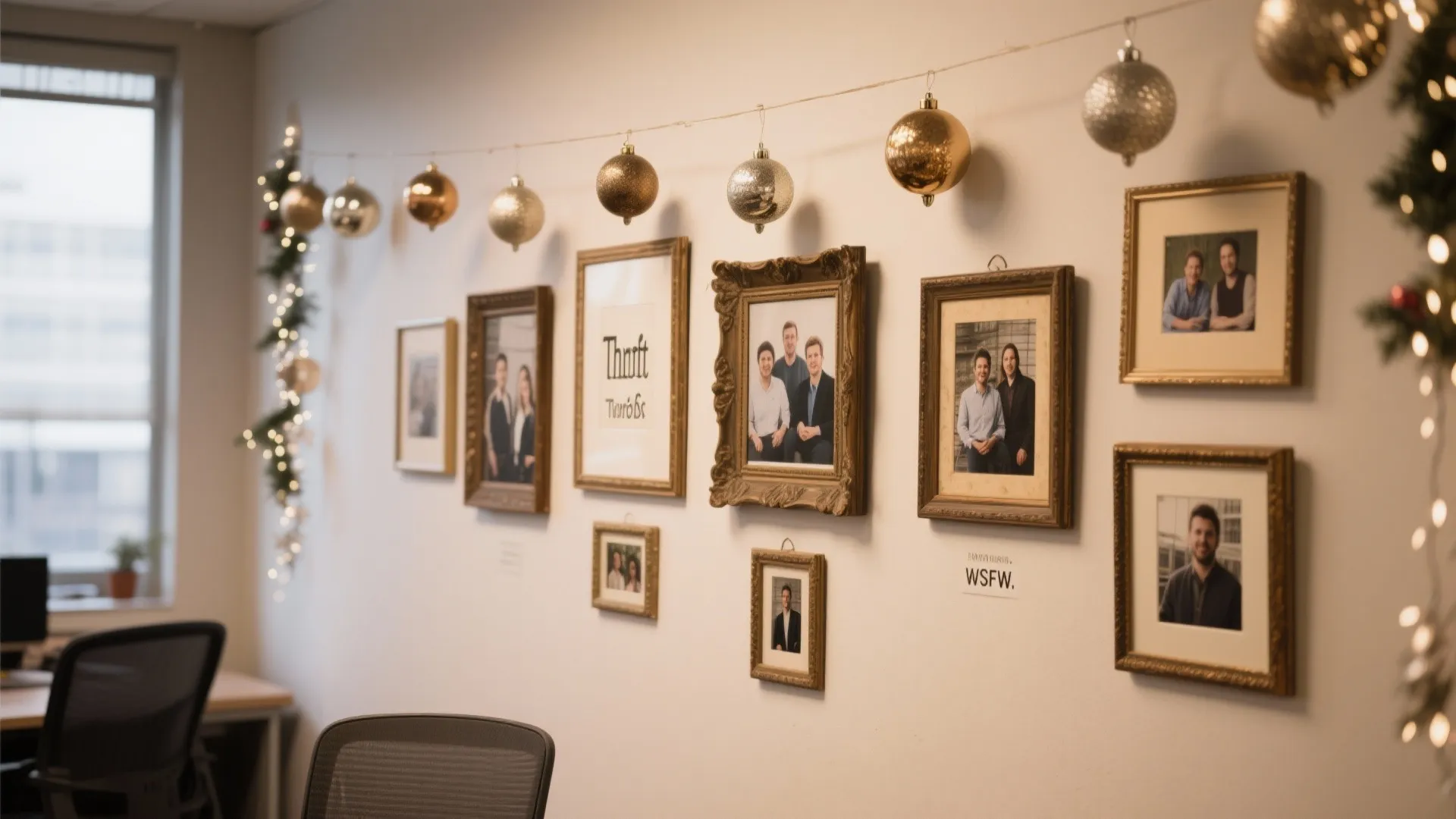 Office wall featuring vintage gold frames with photos and gold ball ornaments for holiday decoration