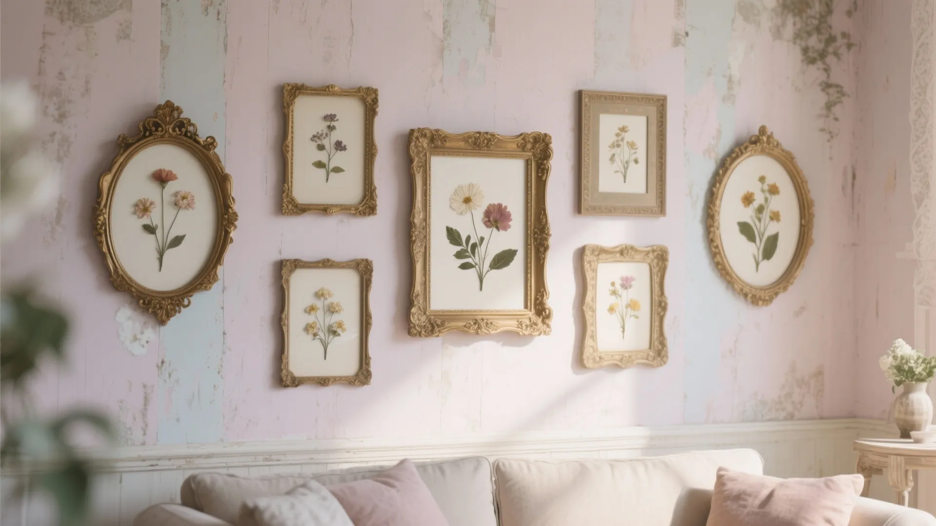 Vintage frames with pressed flowers on pastel wall in shabby chic living room