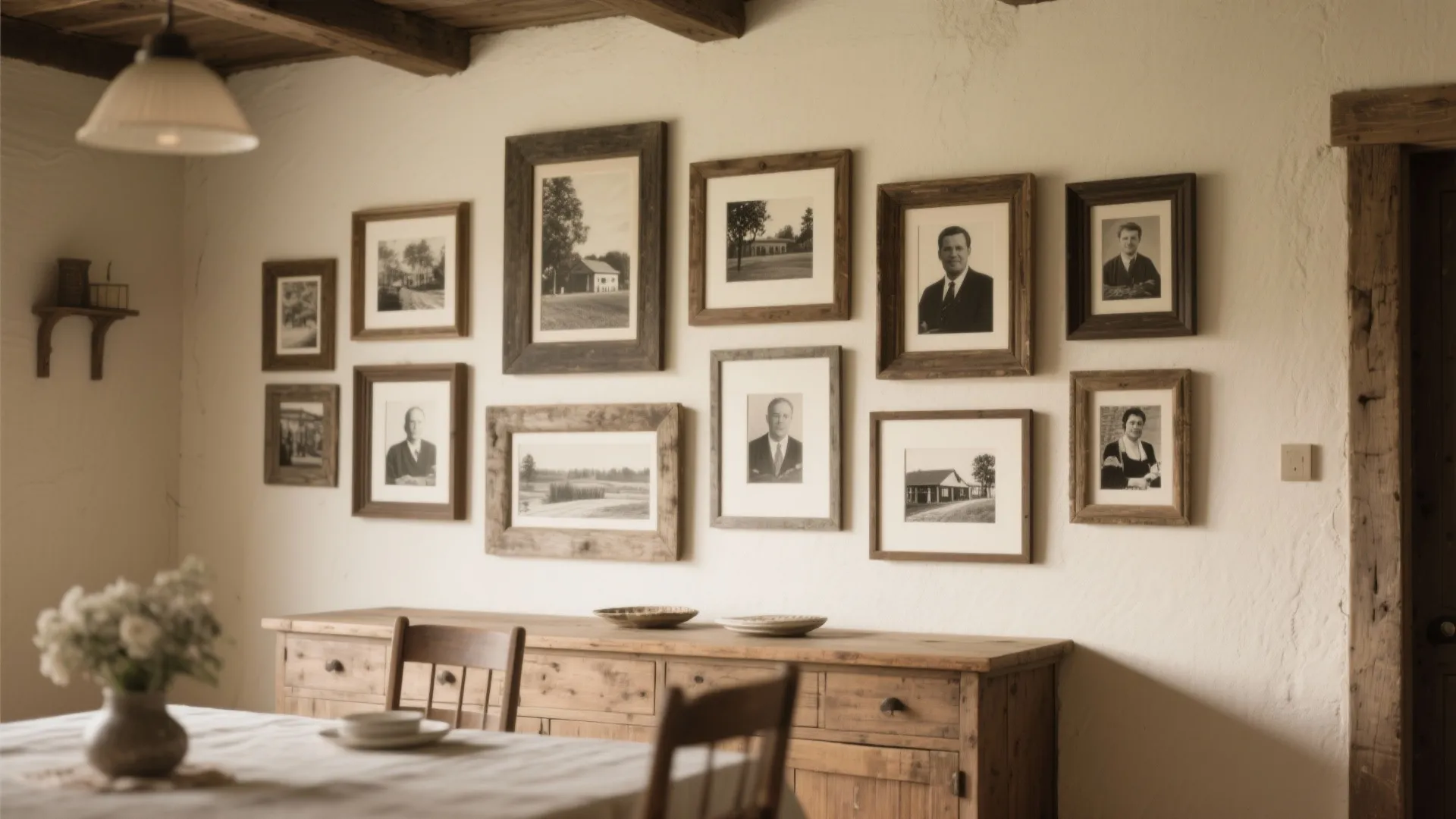 Rustic living room wall with wooden cabinet and vintage black and white framed family pictures