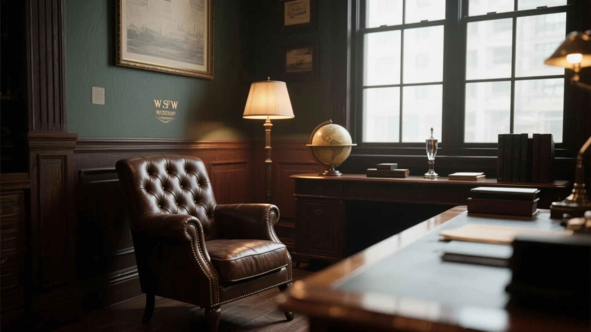Vintage style home office with brown leather armchair wooden desk globe lamp and green walls