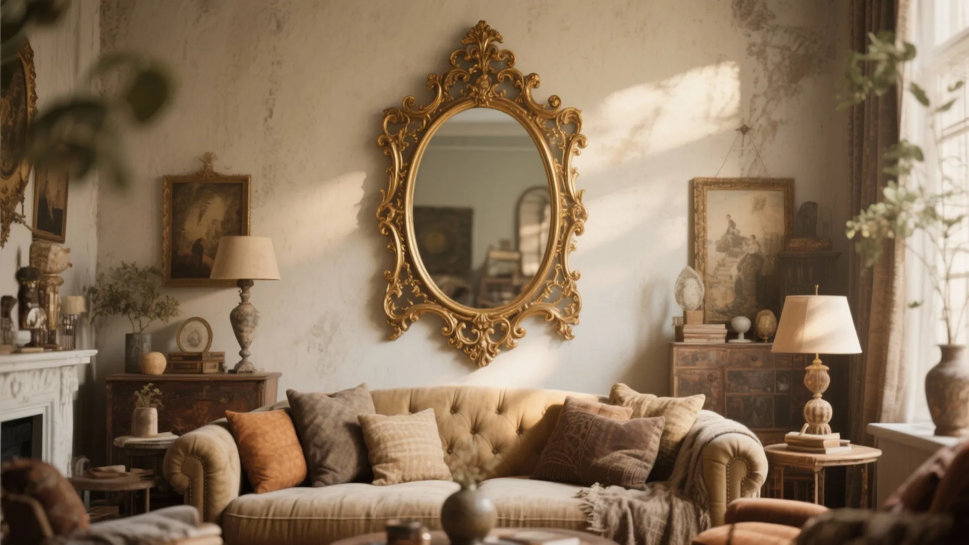 Eclectic living room with vintage gilded mirror