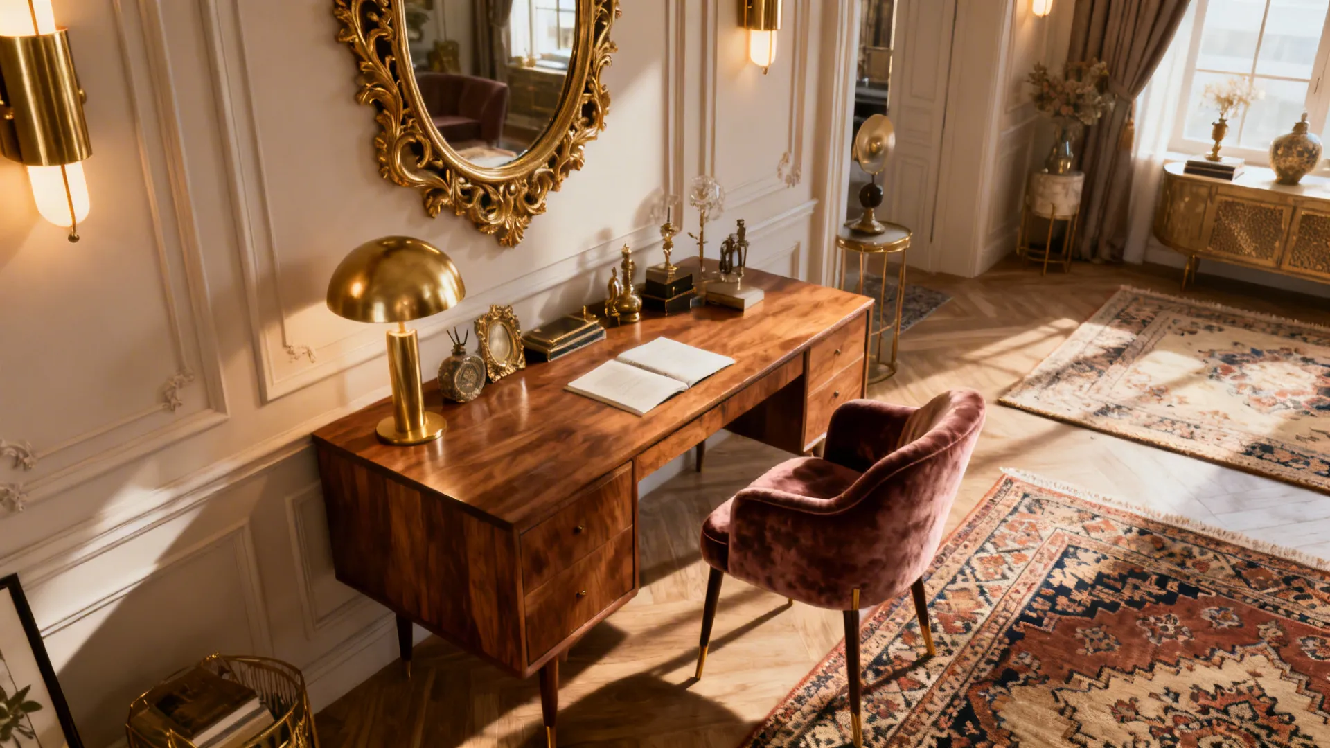 Vintage glam studio with mid-century desk, velvet chair and ornate mirror in warm light.