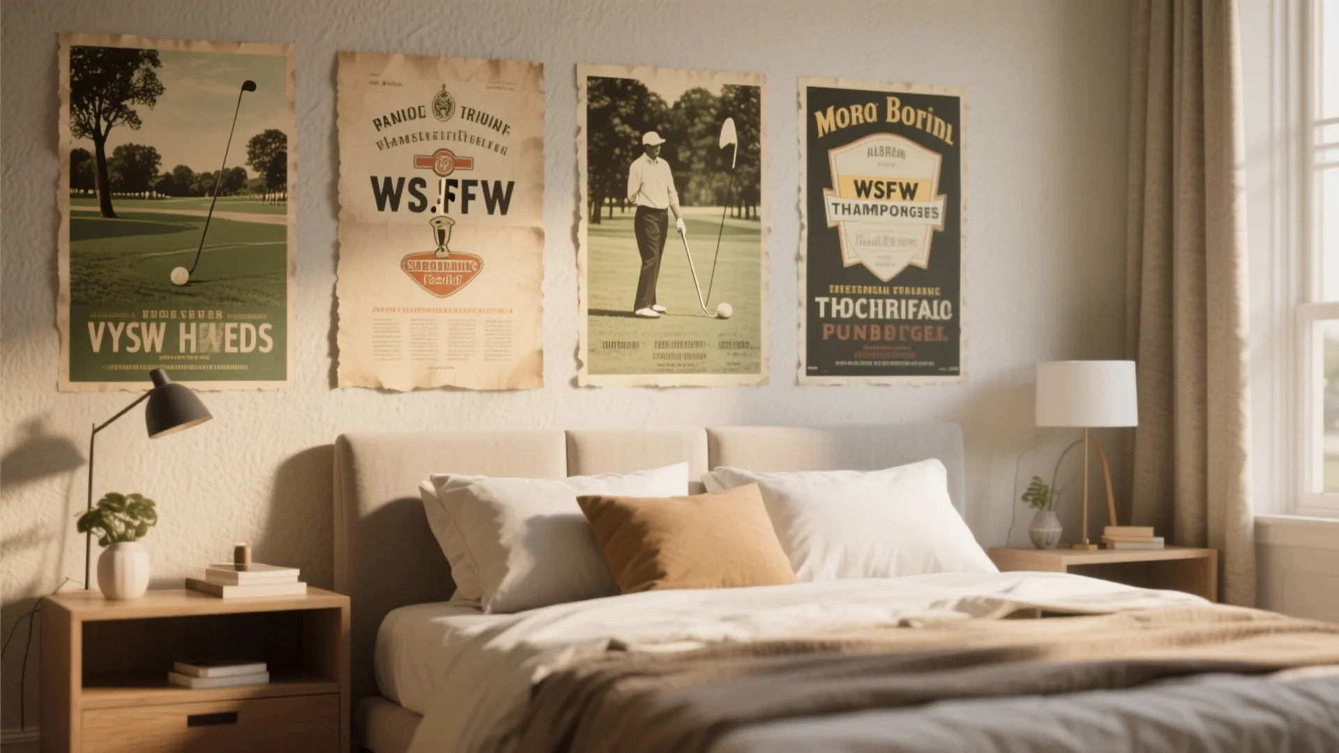 Wall decorated with vintage golf tournament posters