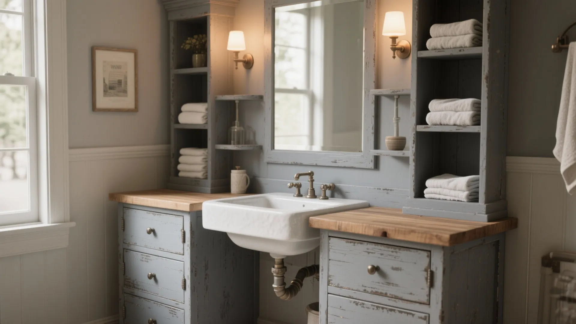 5. Vintage gray painted vanity with open shelving