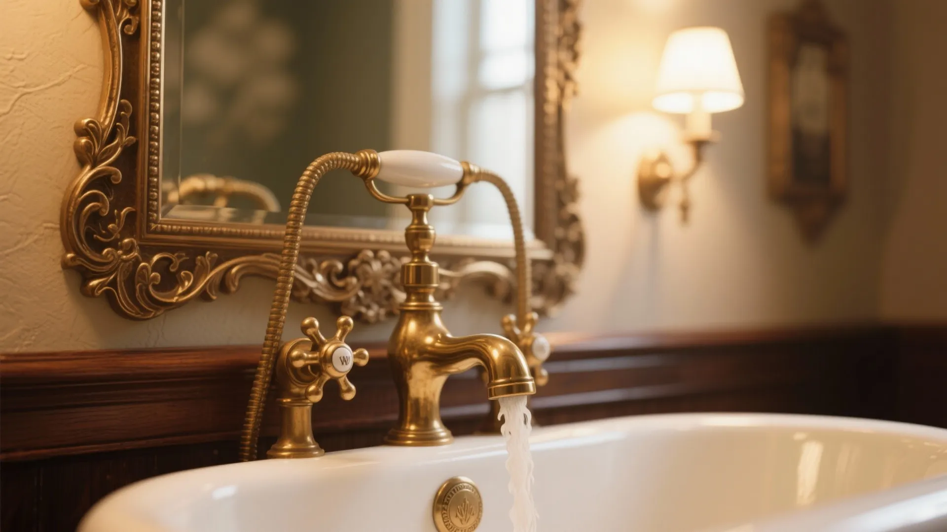 Close up of gold water tap with flowing water in a bathroom with vintage mirror frame