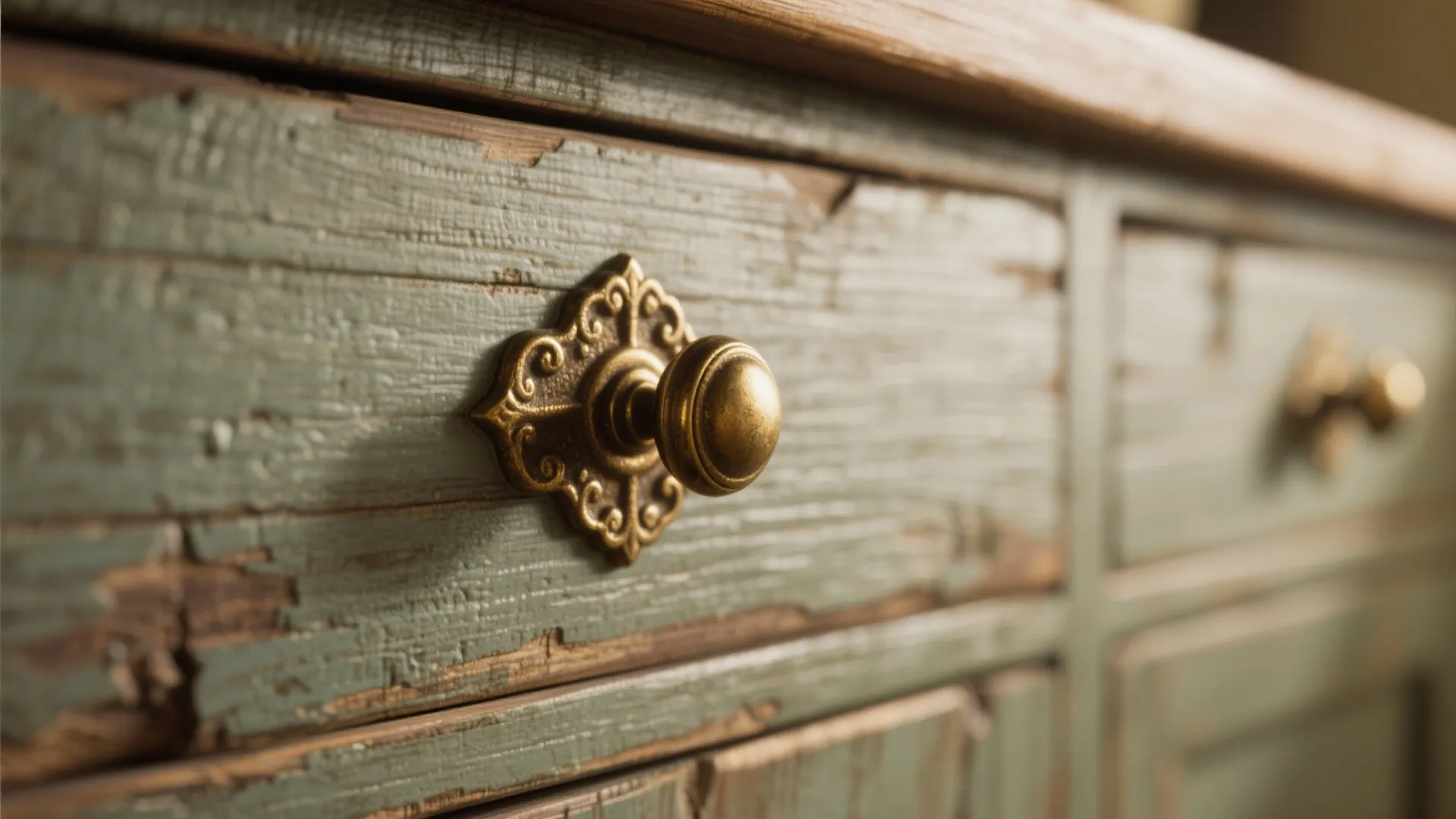 Close-up of antique brass and iron cabinet knobs in rustic kitchen