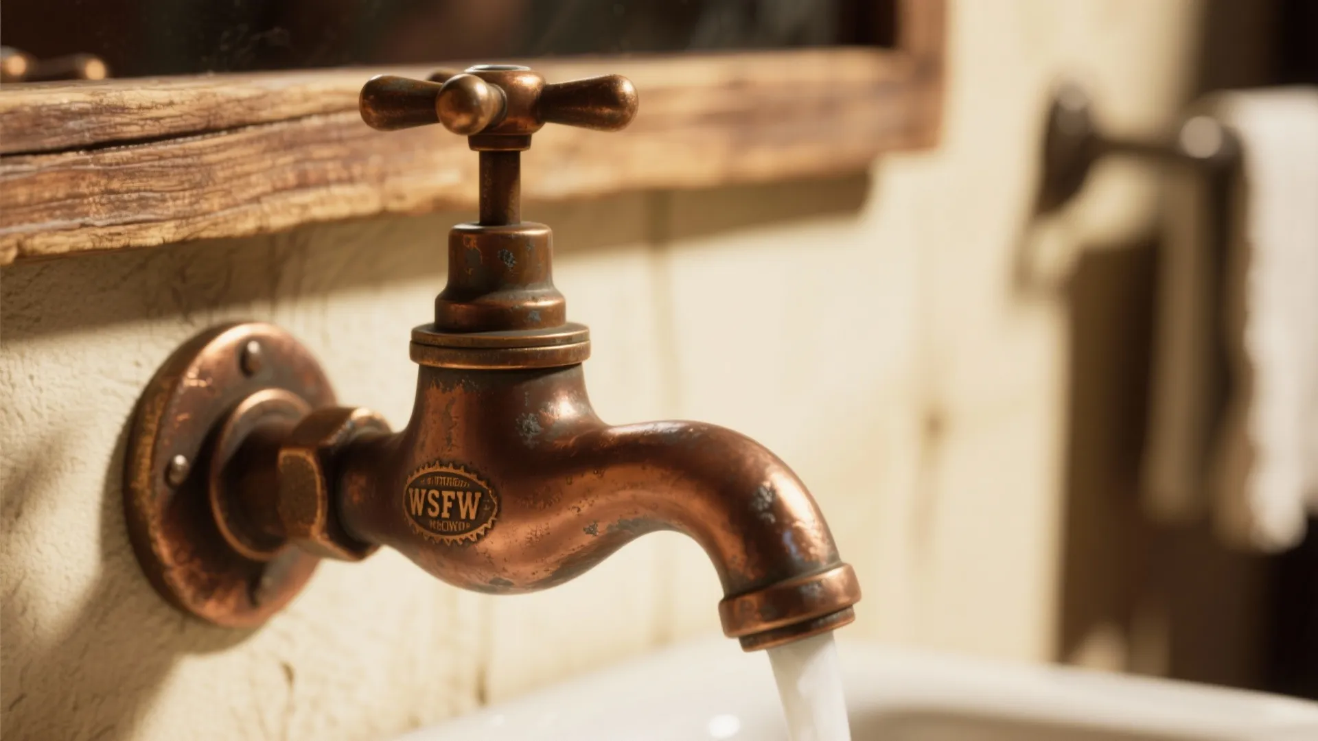Close up of a vintage copper water tap with running water over a white sink