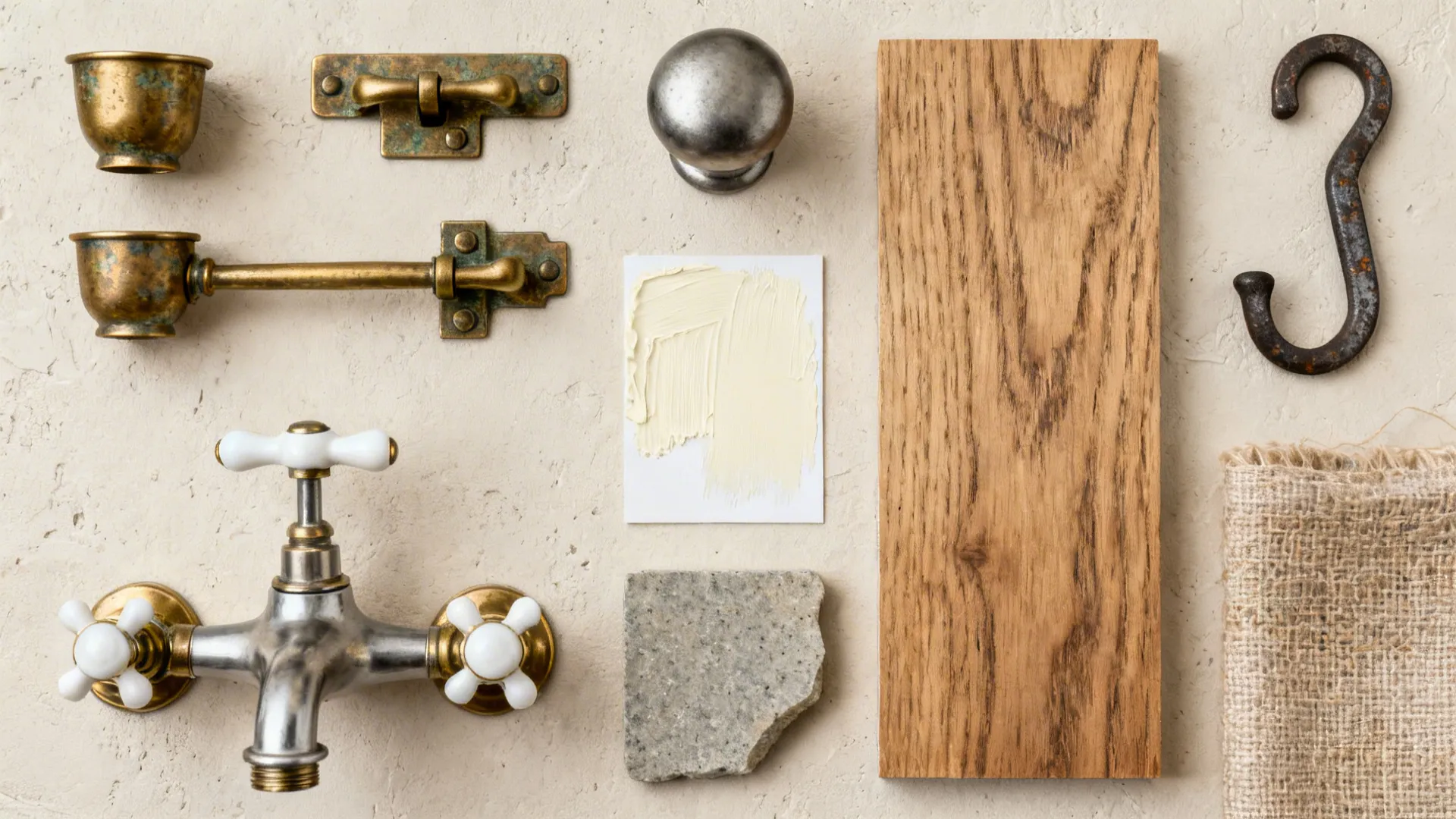 Top-down flatlay with aged brass pulls, latches, bridge faucet, wood, stone, and linen samples.