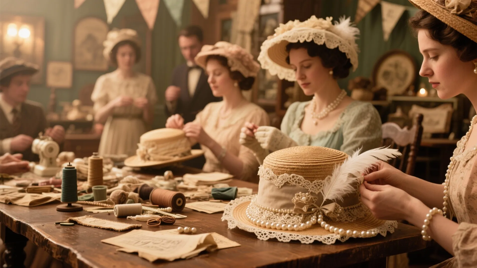 Classic workshop where several people are making handmade straw hats with lace pearls and feathers
