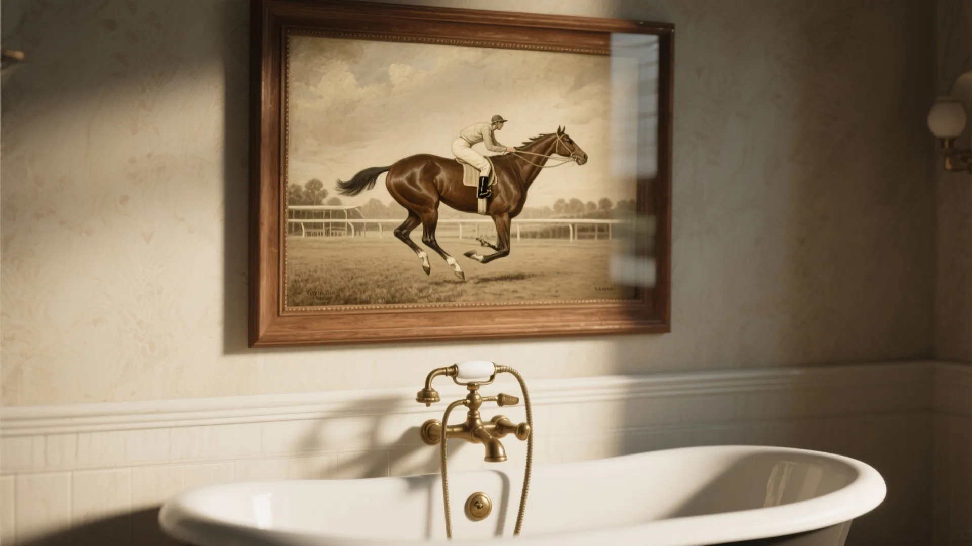 Classic bathroom wall featuring a framed horse painting above a white bathtub with gold hardware