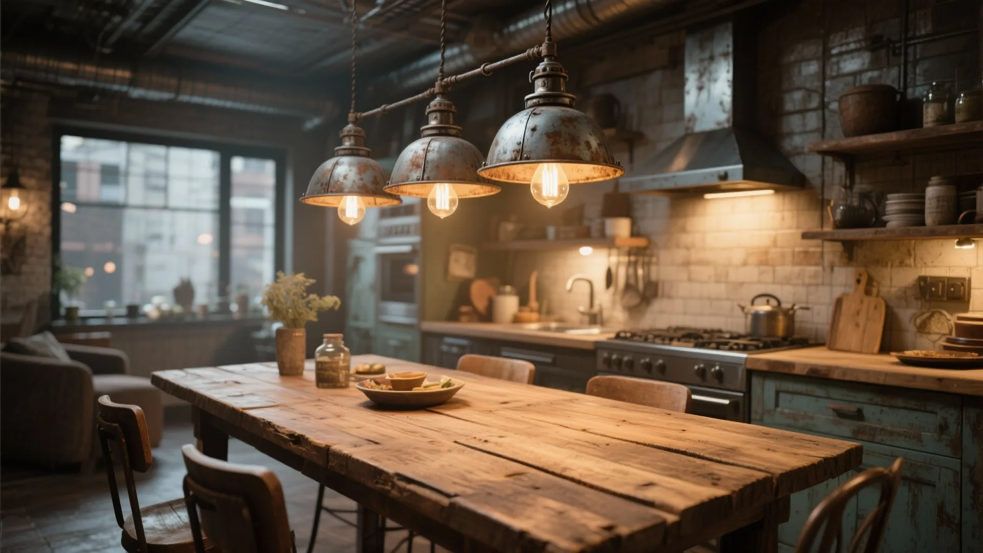 Industrial kitchen with long wooden table metal ceiling lights brick walls and vintage style furniture