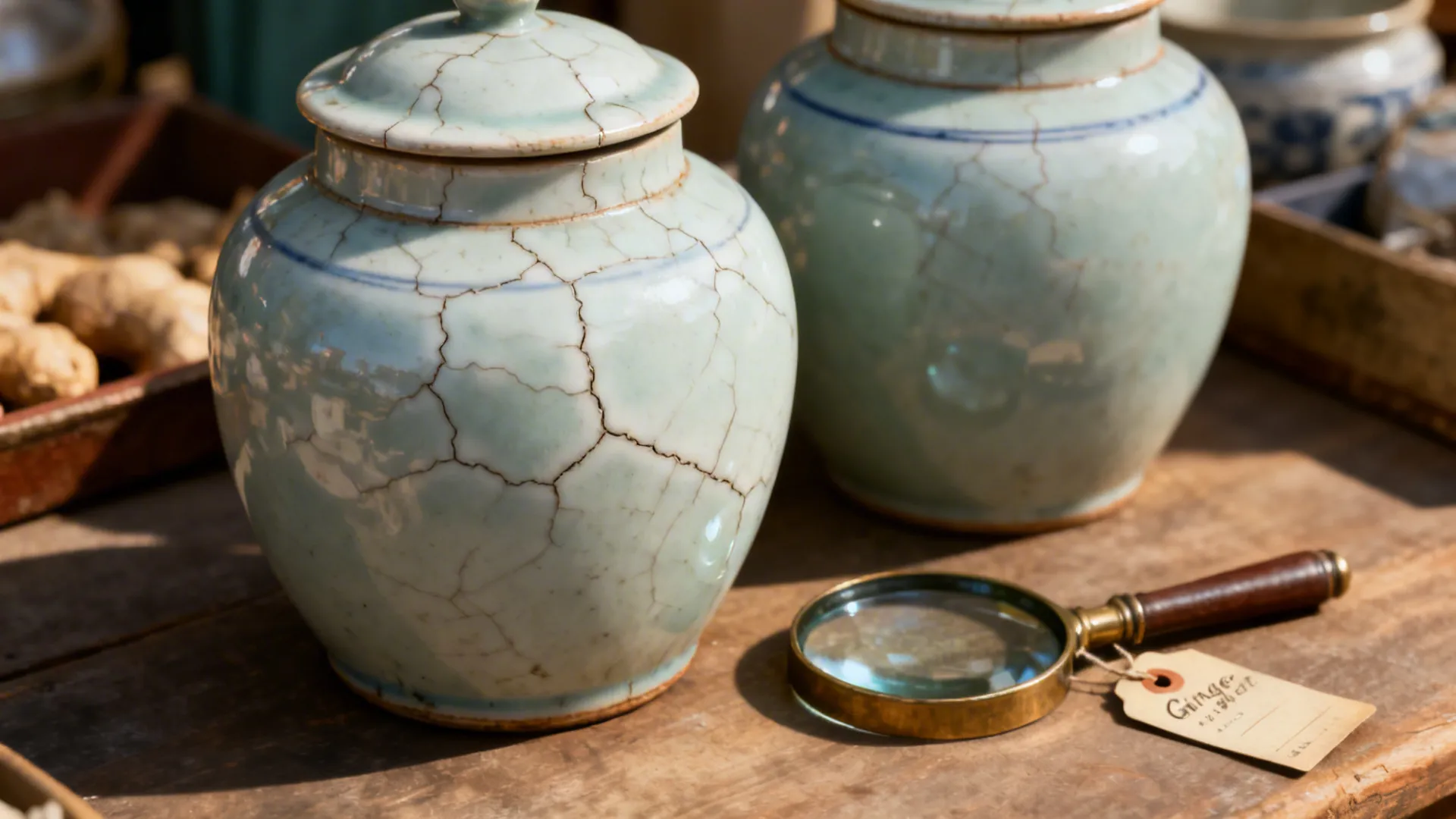 Close-up of vintage ginger jars with a magnifying glass to inspect hairline cracks at a market.