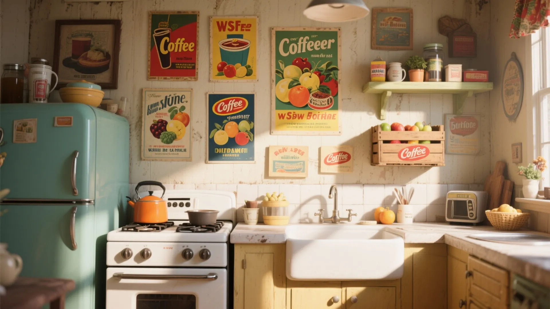 Vintage kitchen with light blue fridge white stove and colorful coffee posters on the wall