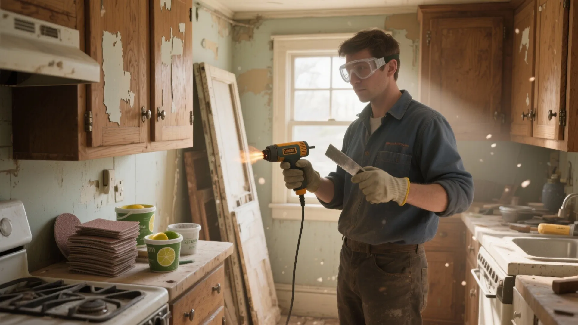 Man using heat tool to remove old paint from wooden kitchen cabinets during home renovation project