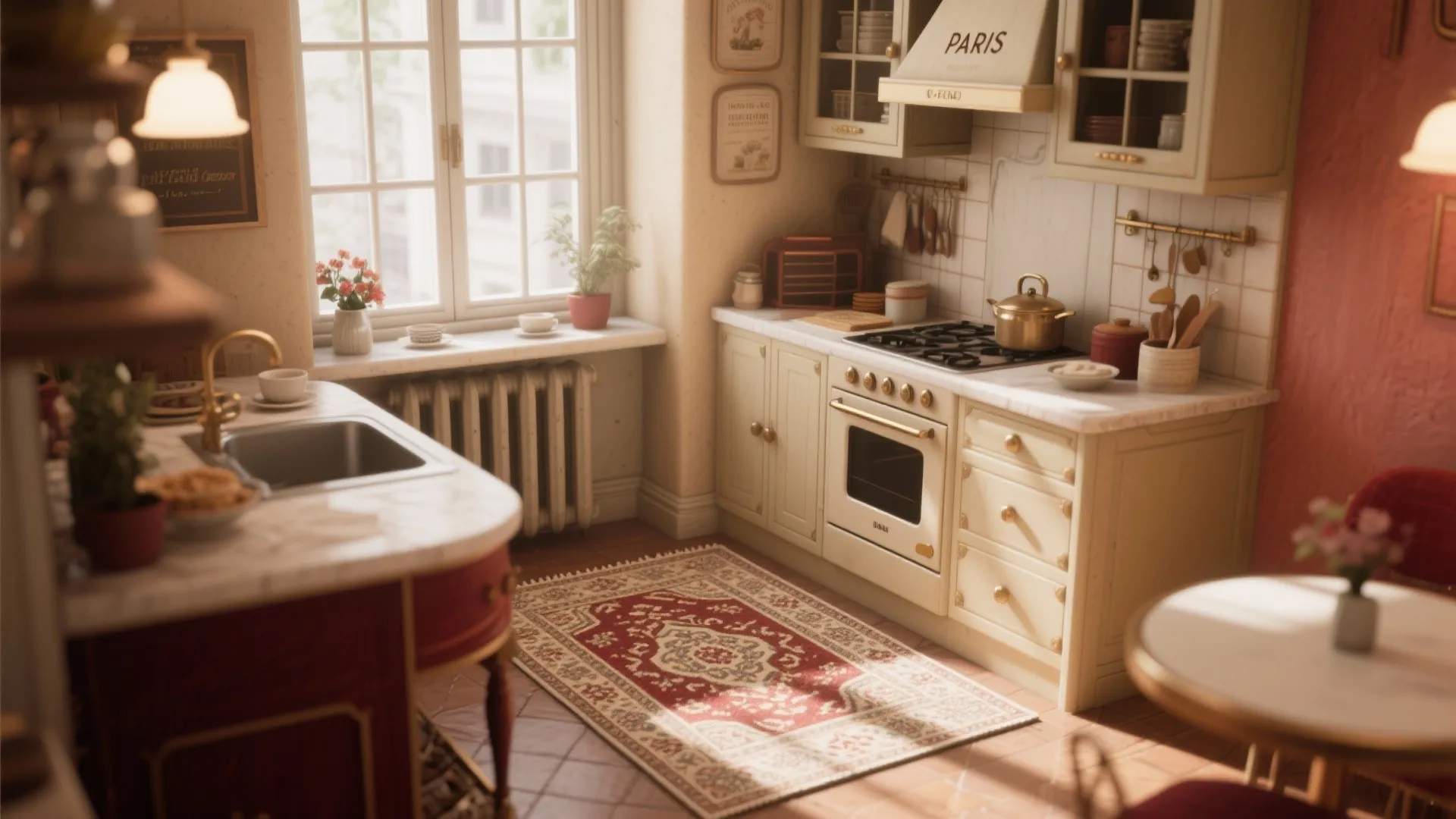Vintage kitchen with cream cabinets red island and red patterned rug on the tiled floor