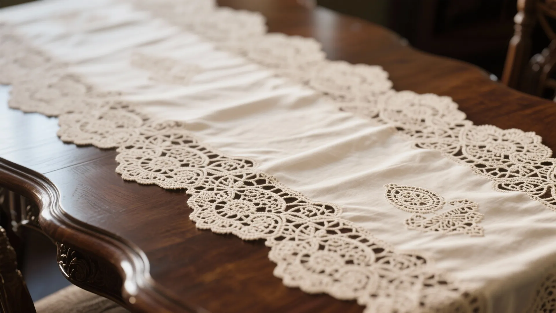 Dark wood dining table featuring an elegant white lace table runner with intricate floral patterns