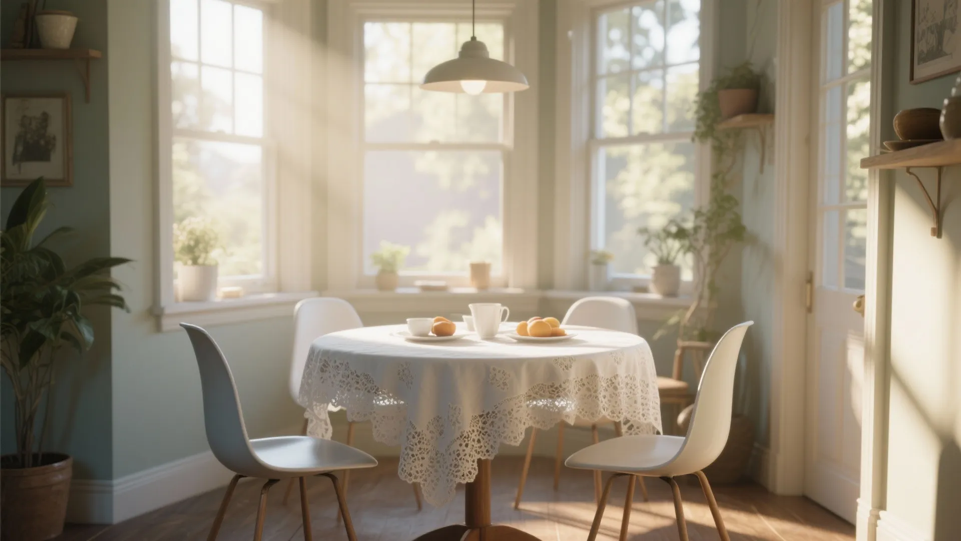 Round table with delicate lace tablecloth in a sunlit corner