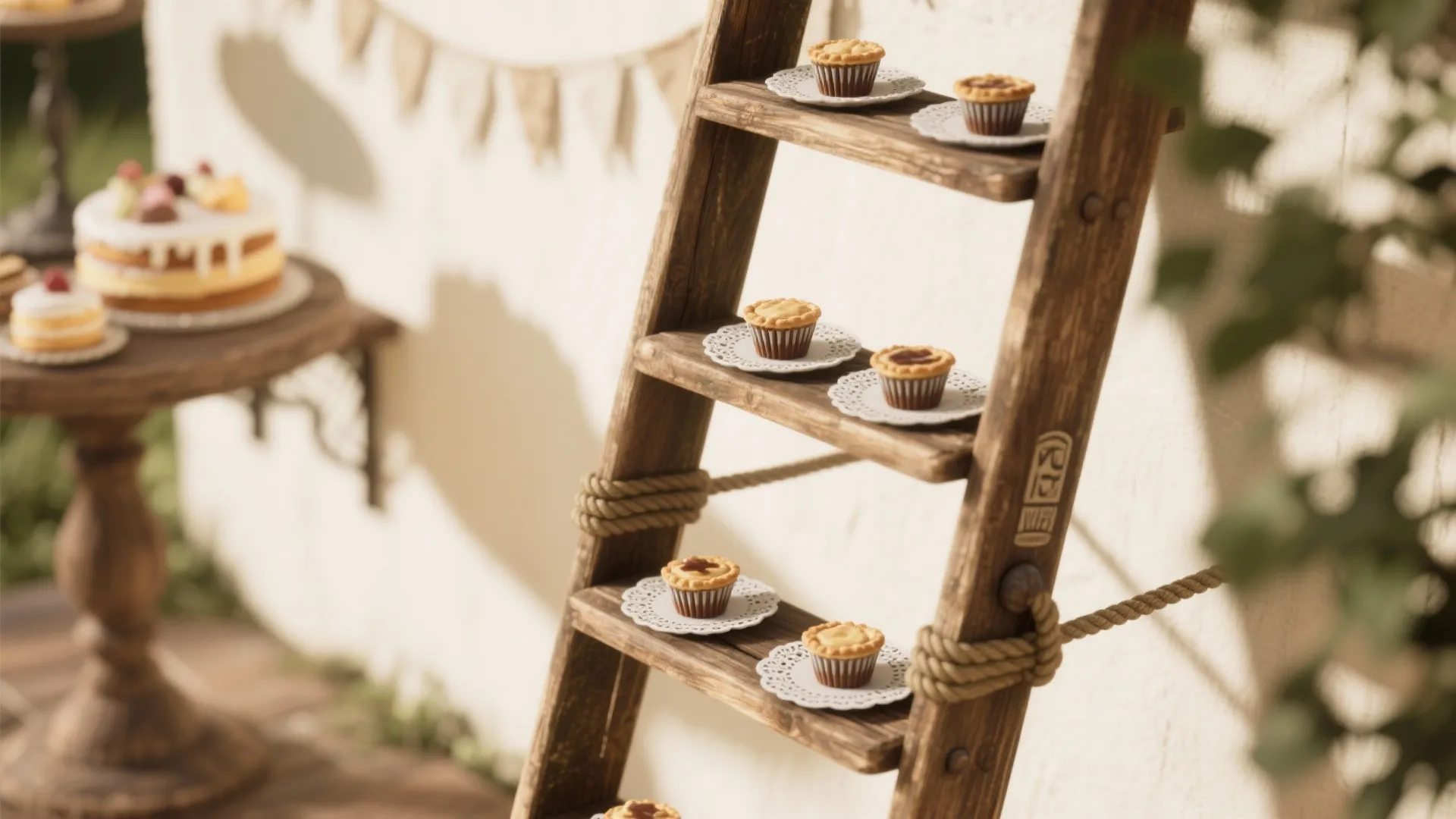 A vintage wooden ladder sealed with clear wax used as a vertical dessert display with doilies and trays.