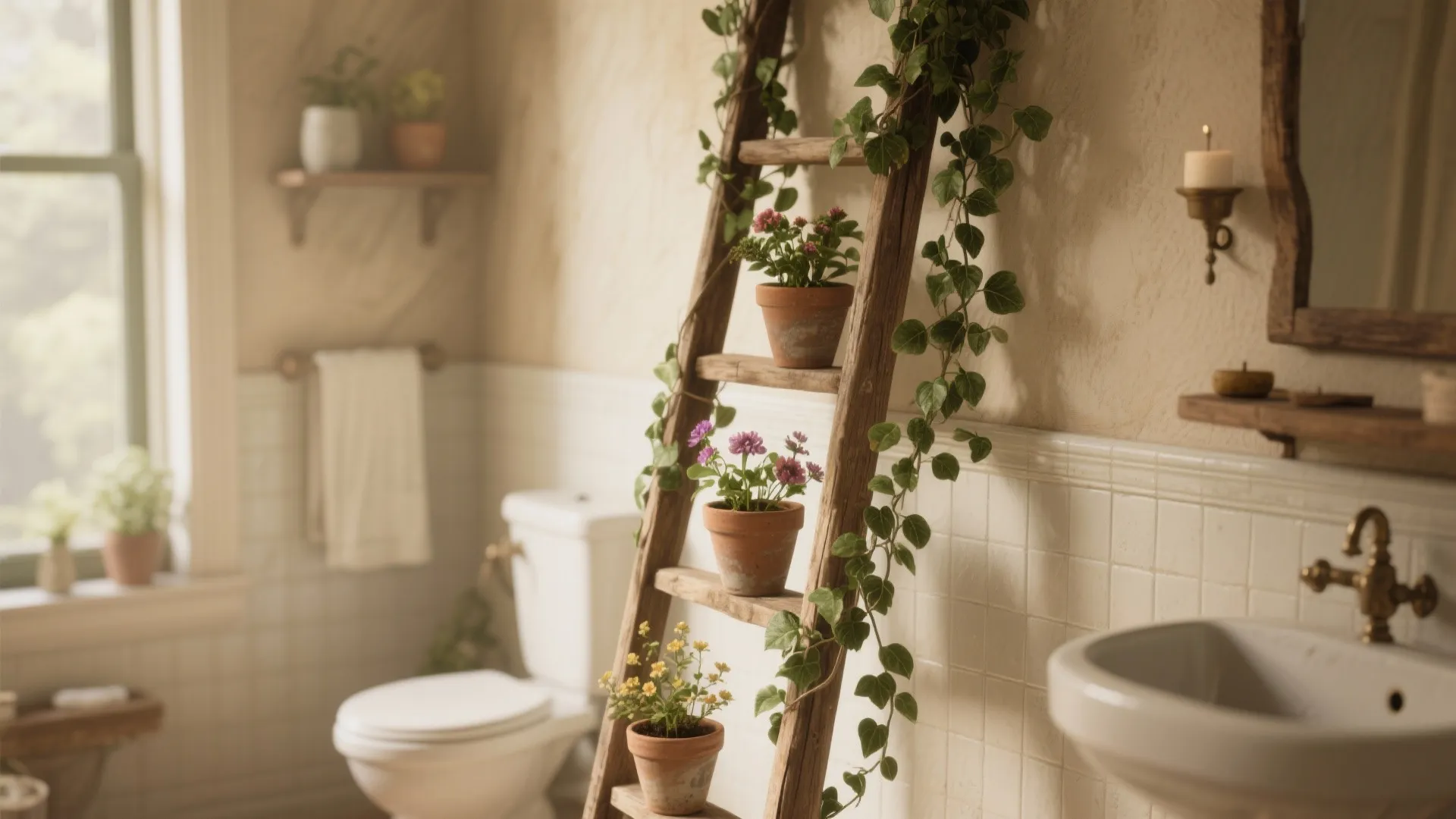 Vintage wooden ladder used as a plant stand with several potted flowers in a rustic bathroom