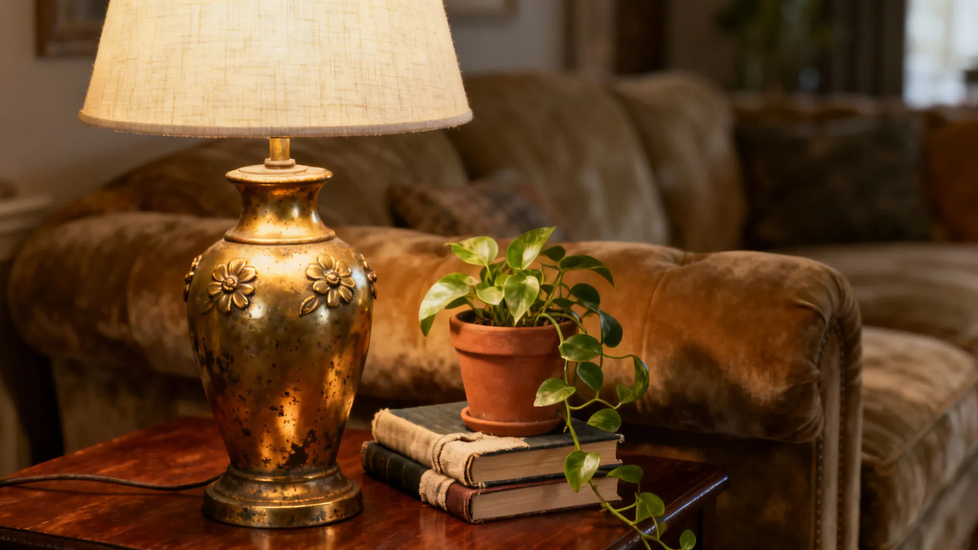 Refurbished vintage lamp with a new shade styled with books on a living room side table.