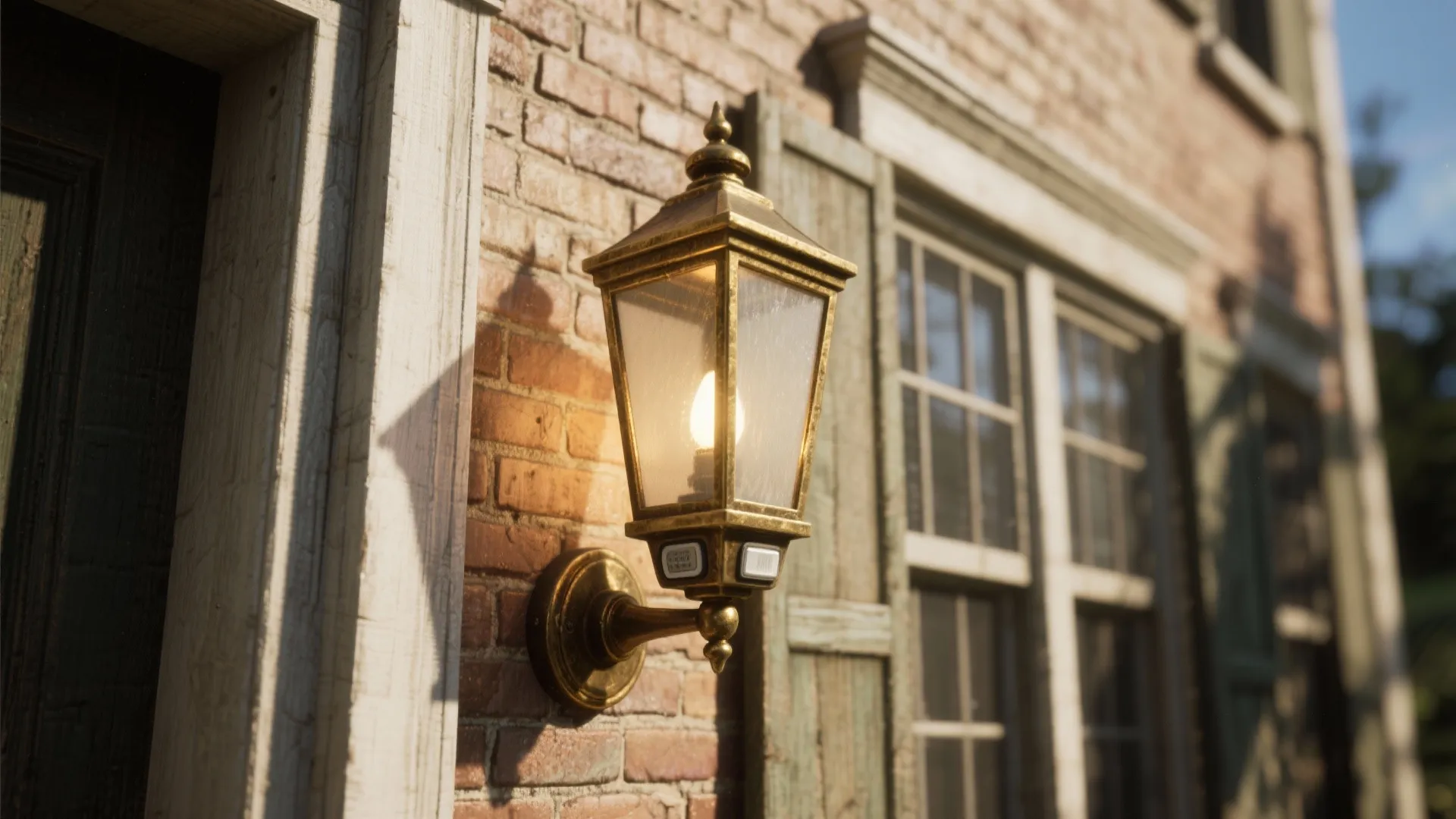 Classic brass wall light on red brick wall with glowing bulb and house exterior background