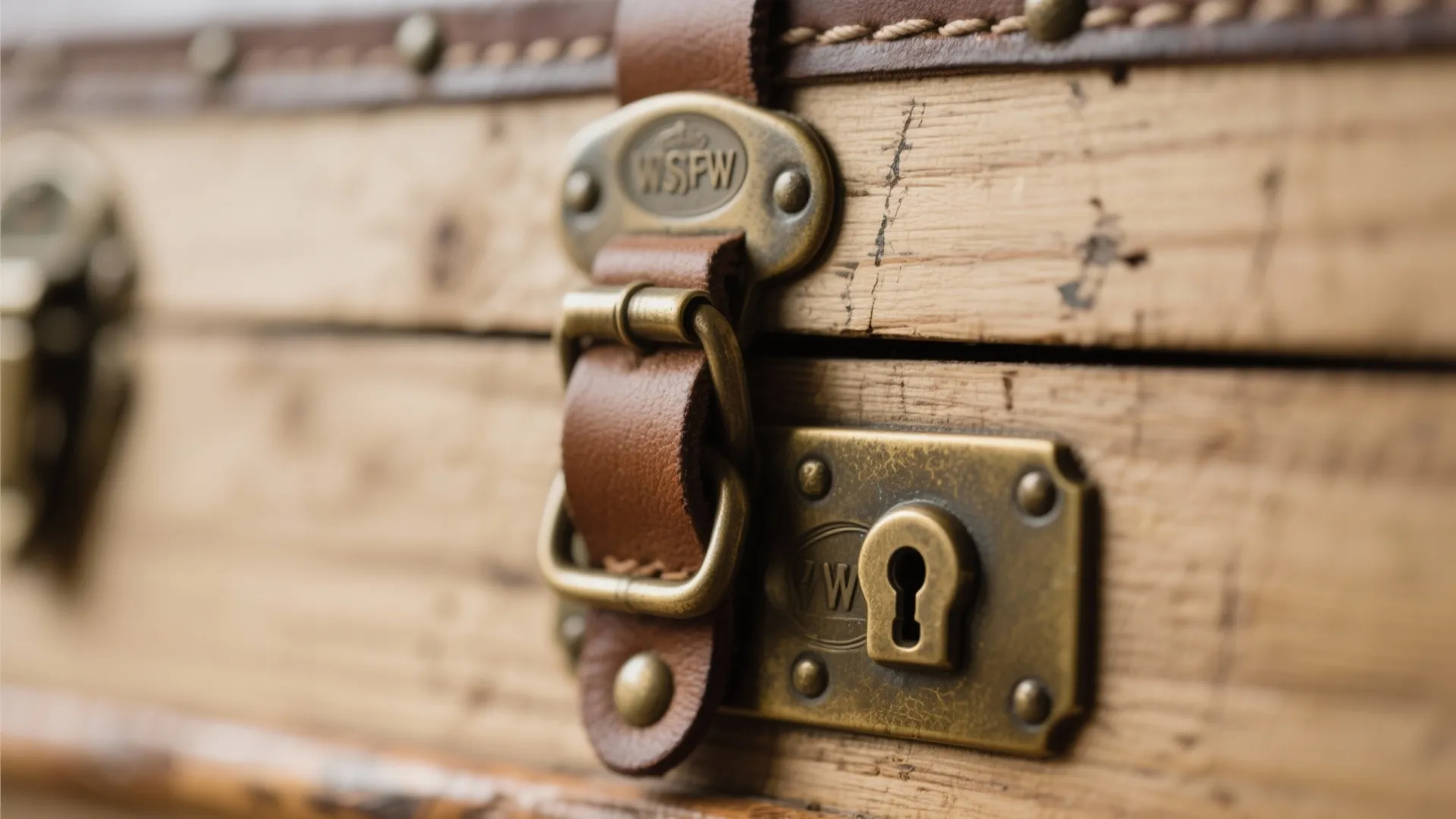 Macro view of a vintage trunk latch and leather strap with rich patina.