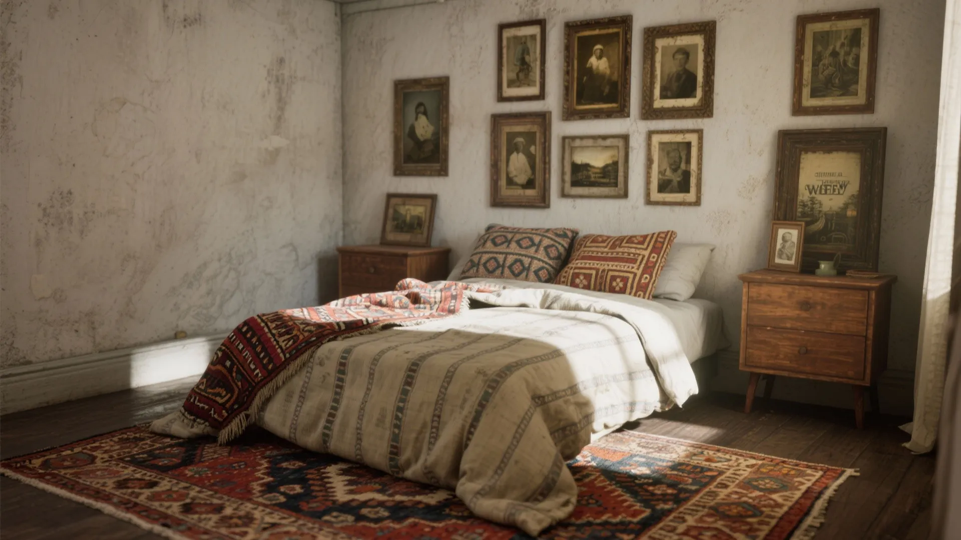 Vintage bedroom with many framed pictures on a textured wall and a red patterned rug floor