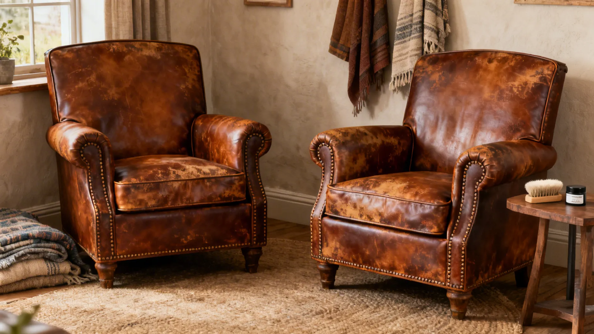 Vintage distressed leather sofa set with warm patina and slim profile in a cozy room