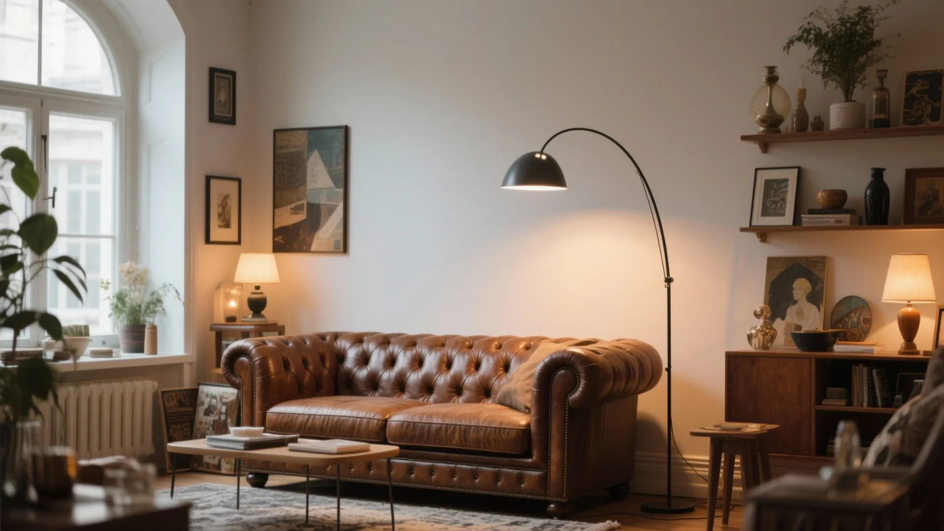 7. Vintage Leather Pieces with Modern Lighting