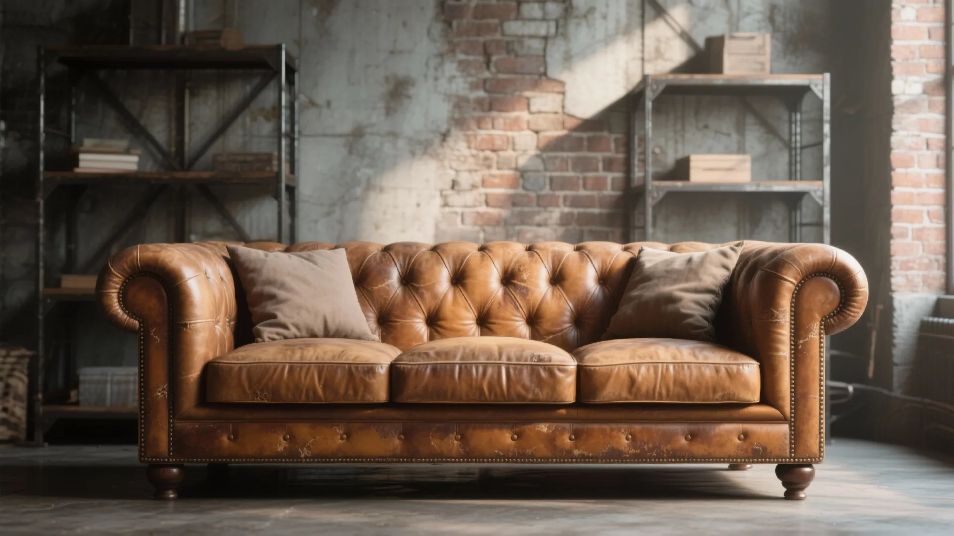 Brown leather sofa with two pillows in an industrial style room with a brick wall