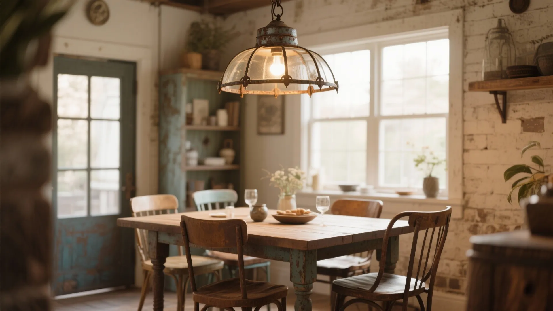 Rustic dining room with vintage light fixture over wooden table plus chairs and brick wall