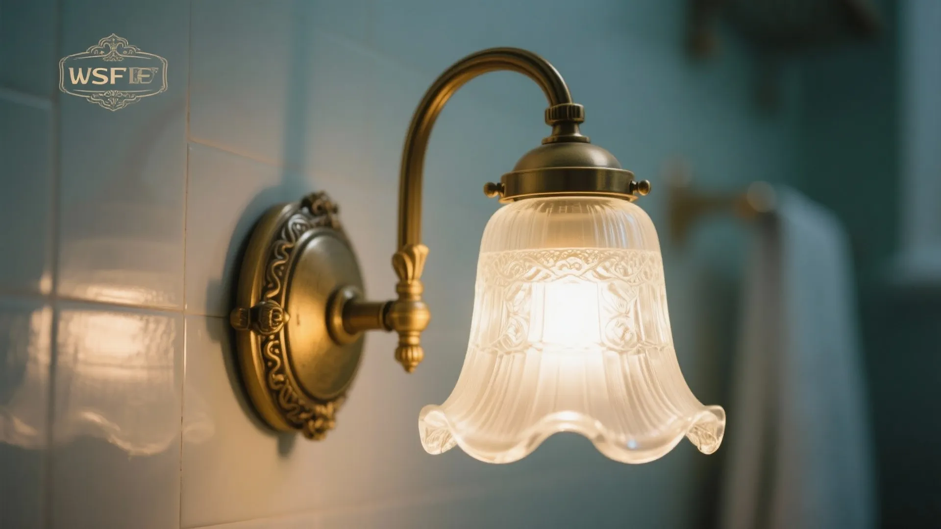 Vintage gold wall light with textured glass shade installed on a white tiled bathroom wall